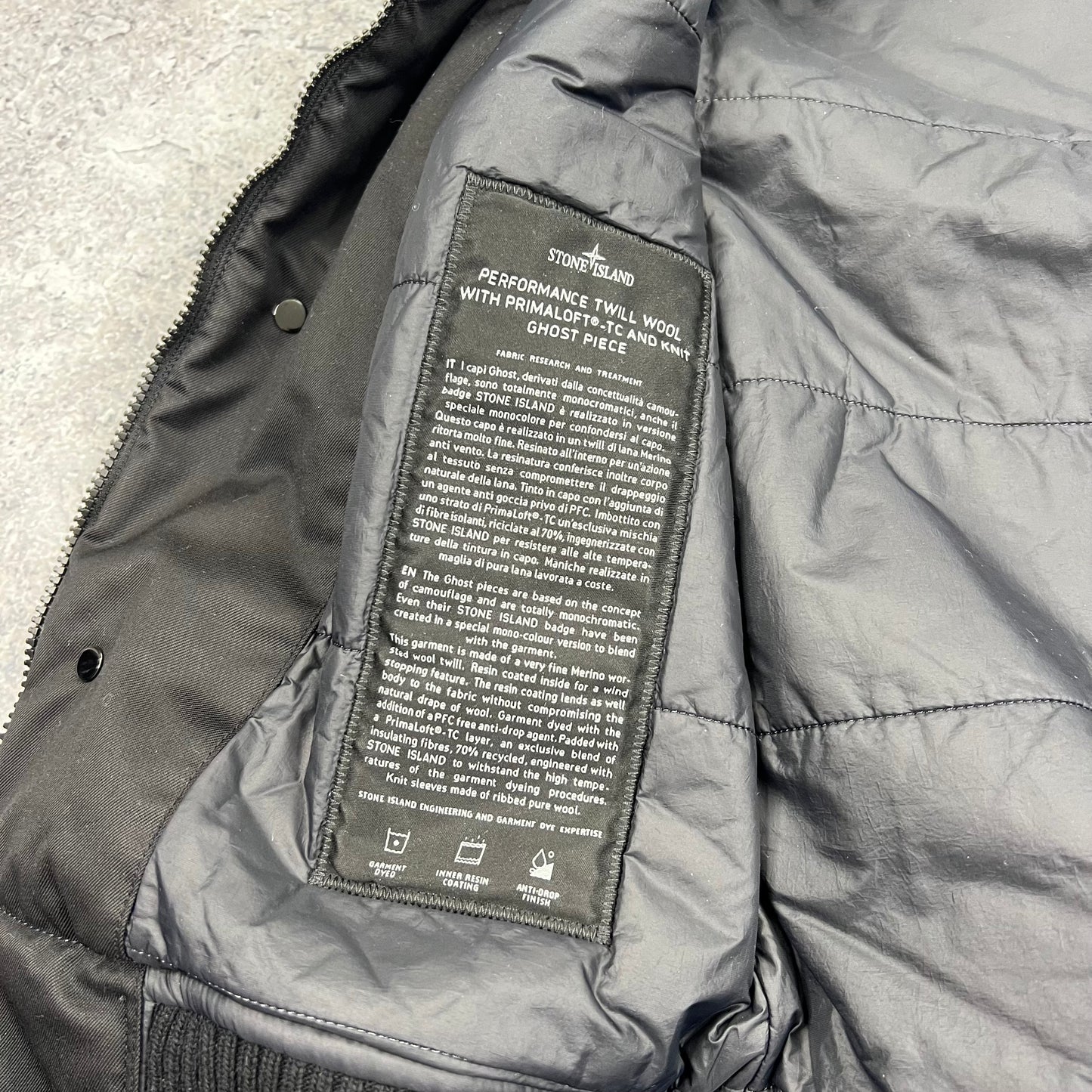 Stone Island Black Ghost Performance Twill Wool Primaloft Jacket Small 21.75” BNWT