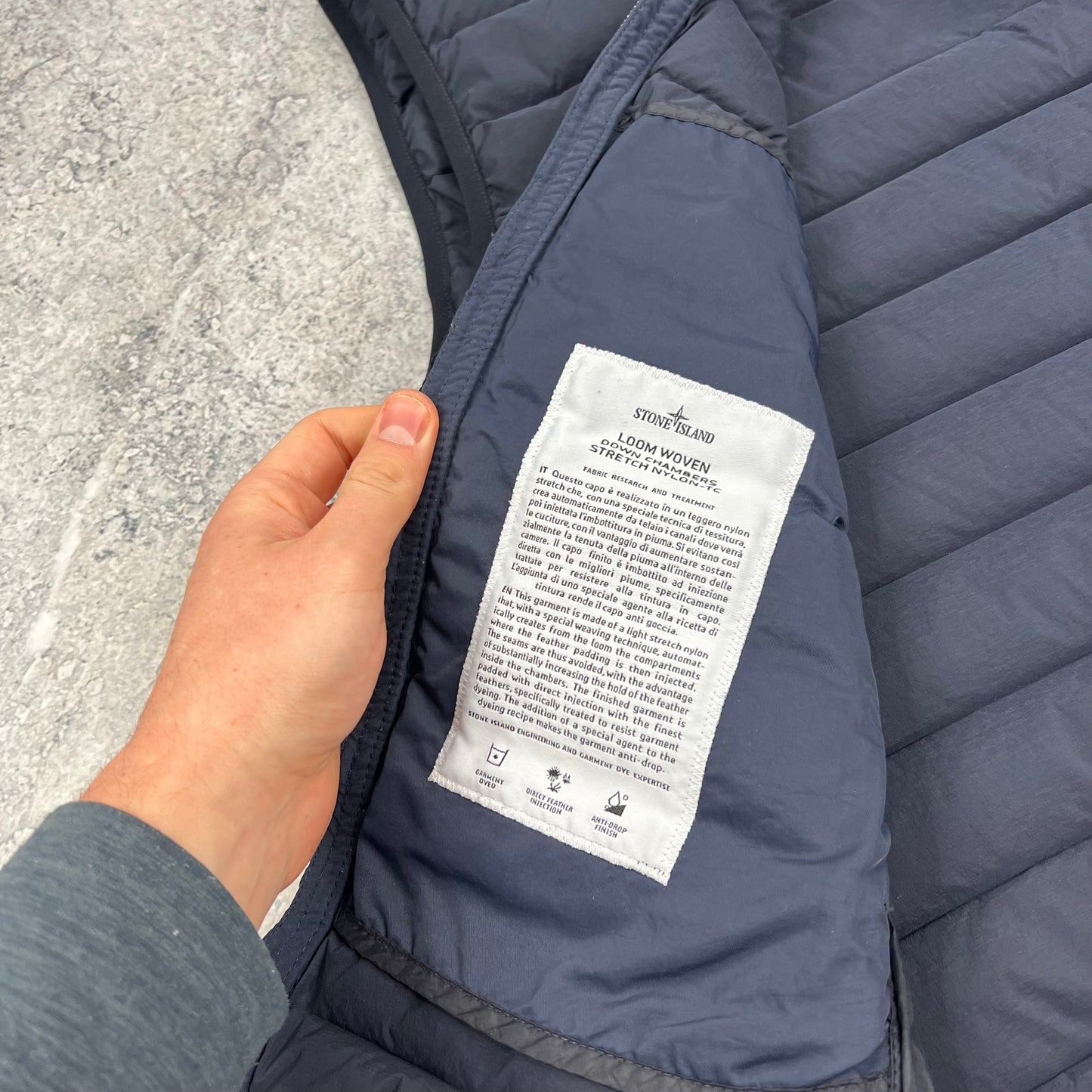 Stone Island Navy Loom Woven Down Gilet Small 20”