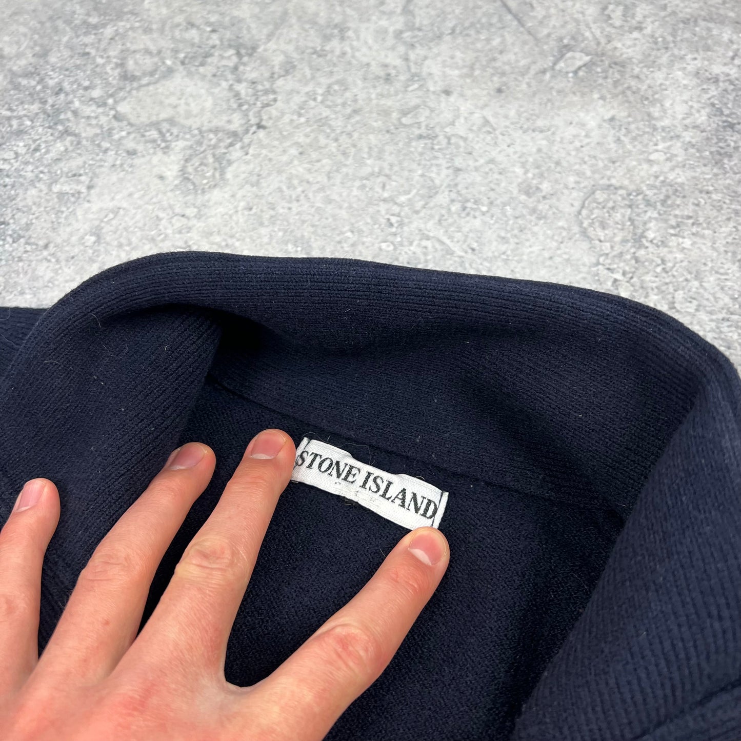 Stone Island Navy Shoulder Knit Wool Sweatshirt XL 22.75”