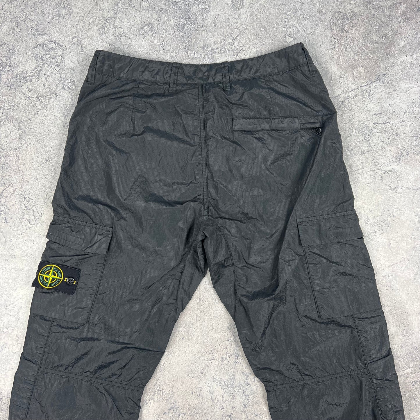 Stone Island Black Seersucker Nylon Metal Cargo Trousers W31”
