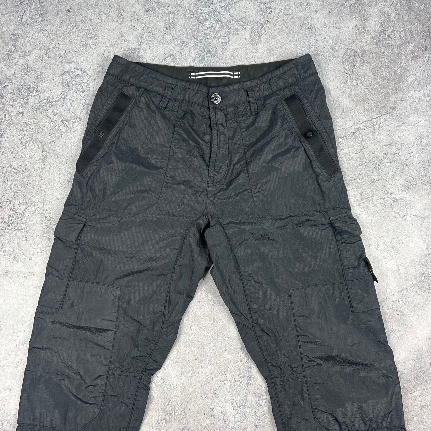Stone Island Black Seersucker Nylon Metal Cargo Trousers W31”