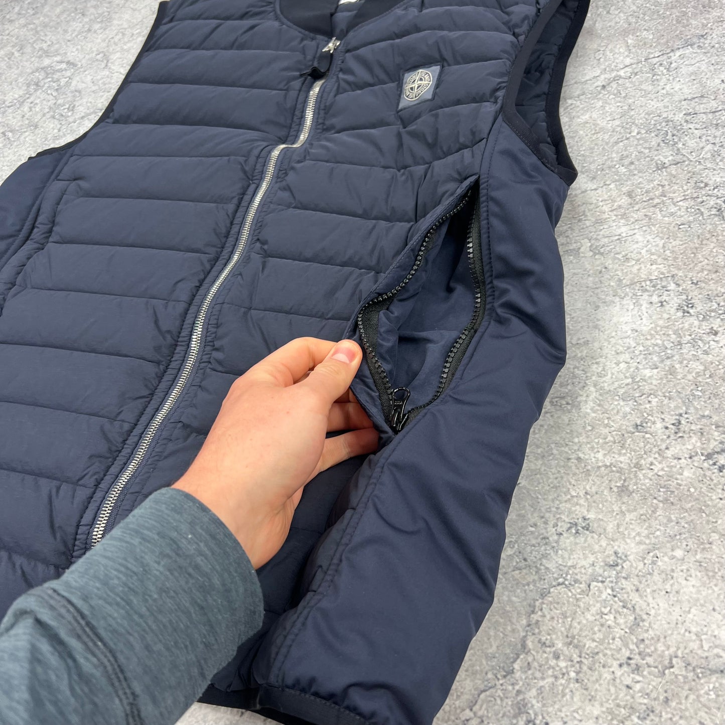 Stone Island Navy Loom Woven Down Gilet Small 20”