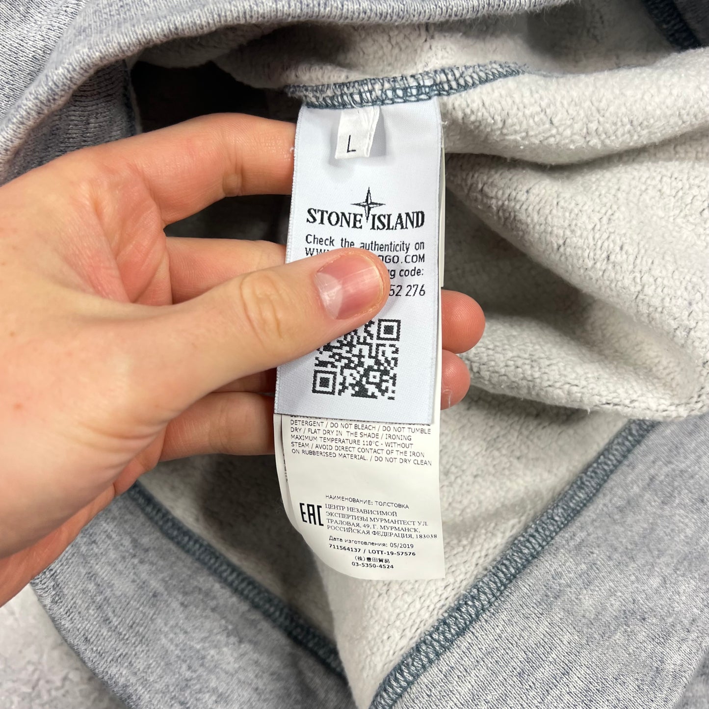 Stone Island Grey/Blue Stitch Logo Pullover Large 22.5”