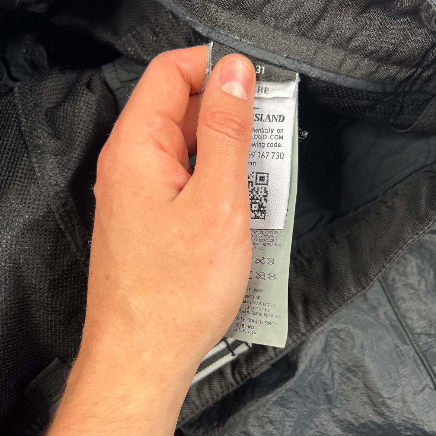 Stone Island Black Seersucker Nylon Metal Cargo Trousers W31”