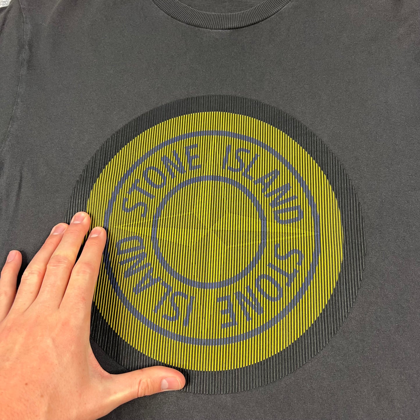 Stone Island Dark Grey/Yellow Logo T-Shirt Medium 19.5”