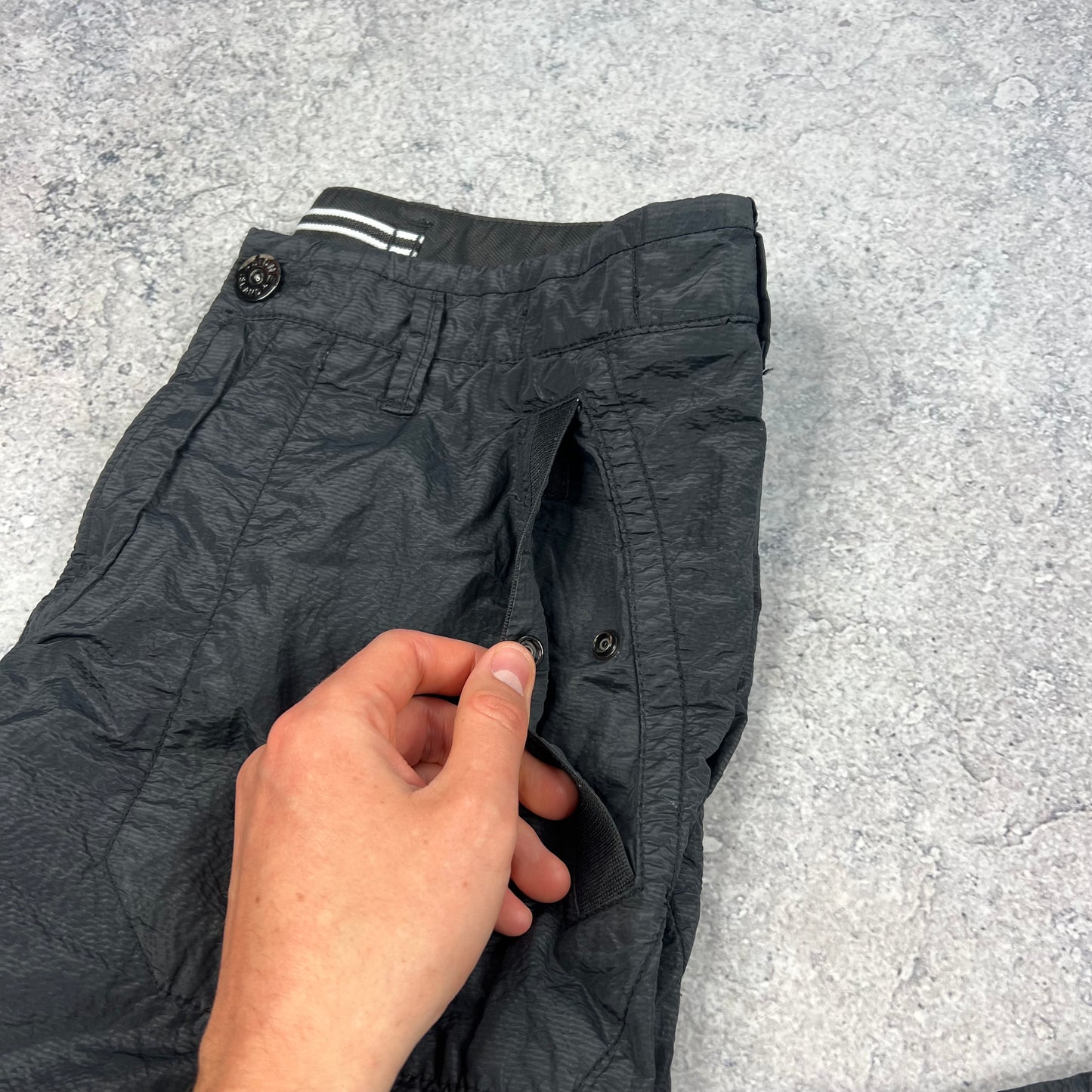 Stone Island Black Seersucker Nylon Metal Cargo Trousers W31”