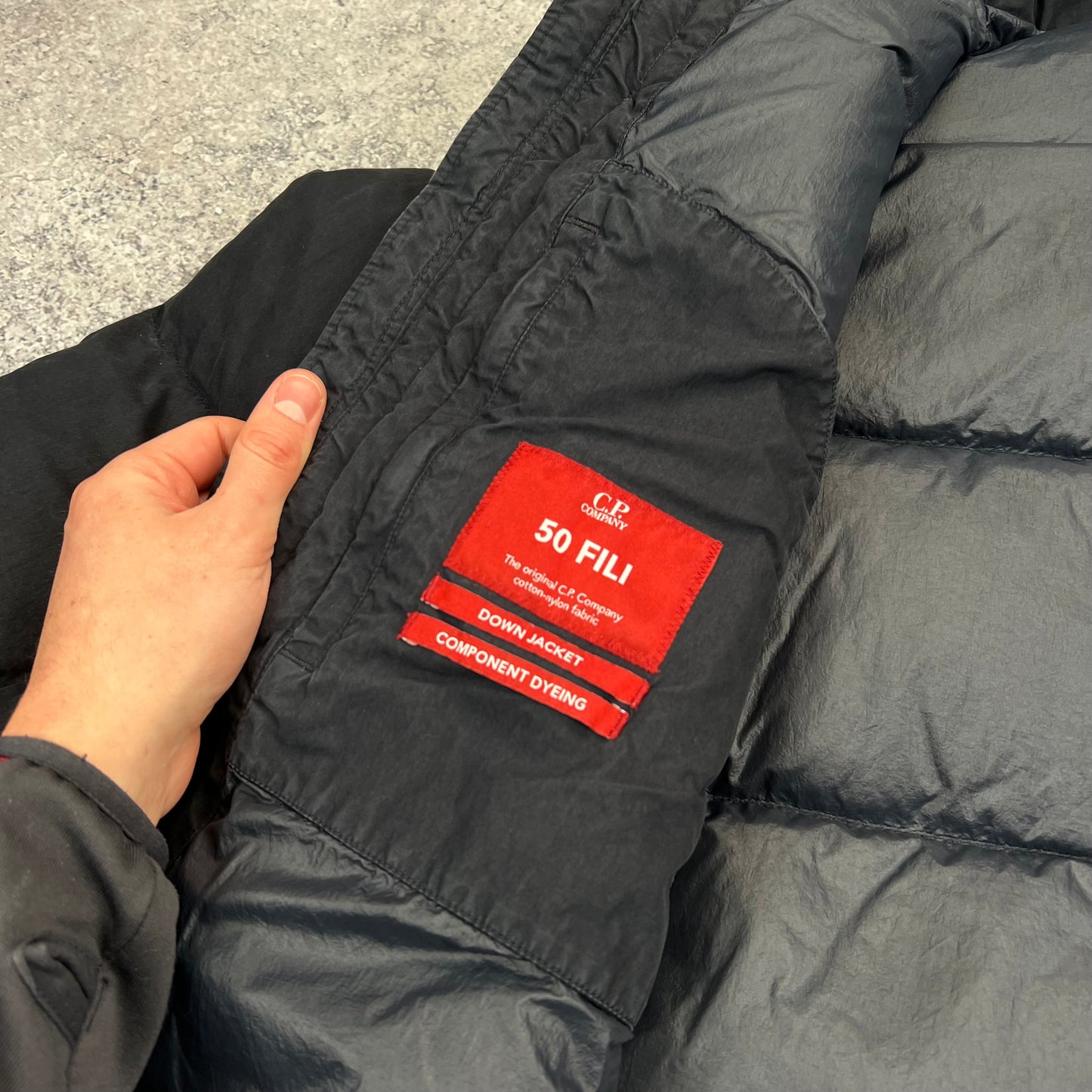 CP Company Navy 50 Fili Lens Down Jacket 48- Medium 23.5”