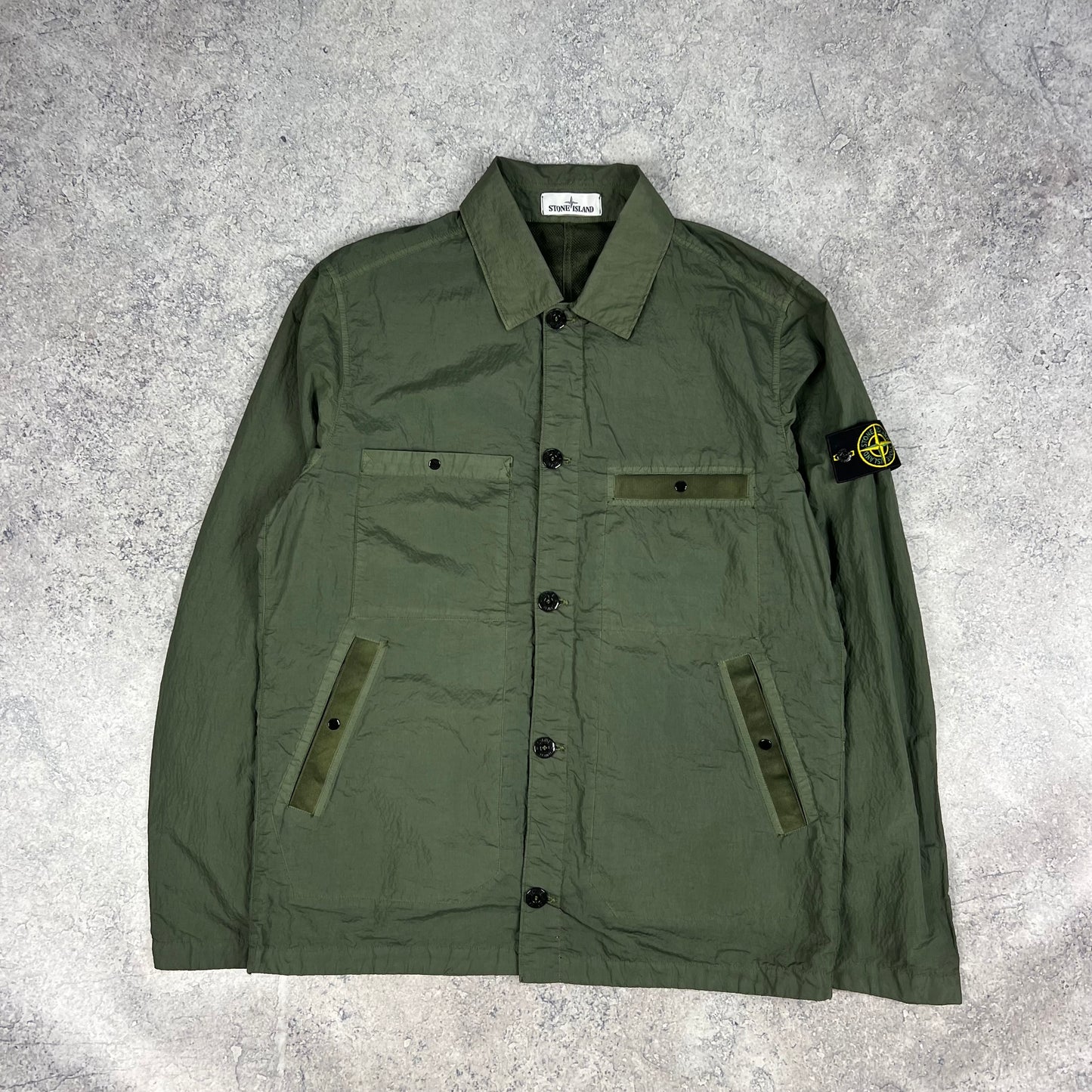 Stone Island Khaki Seersucker Nylon Overshirt  Large 22.5”