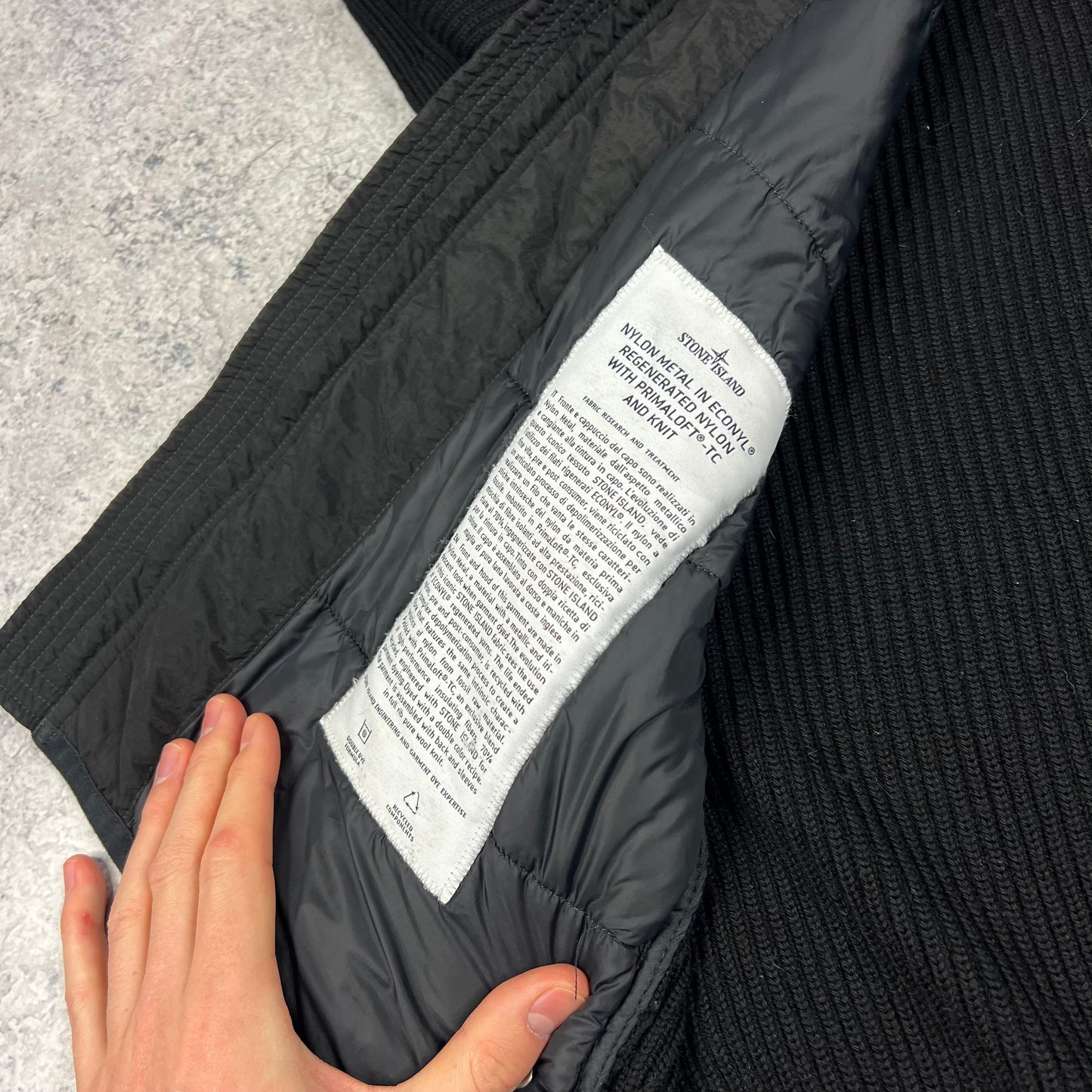 Stone Island Black Nylon Metal Primaloft Hooded Knit Jacket Large 23”