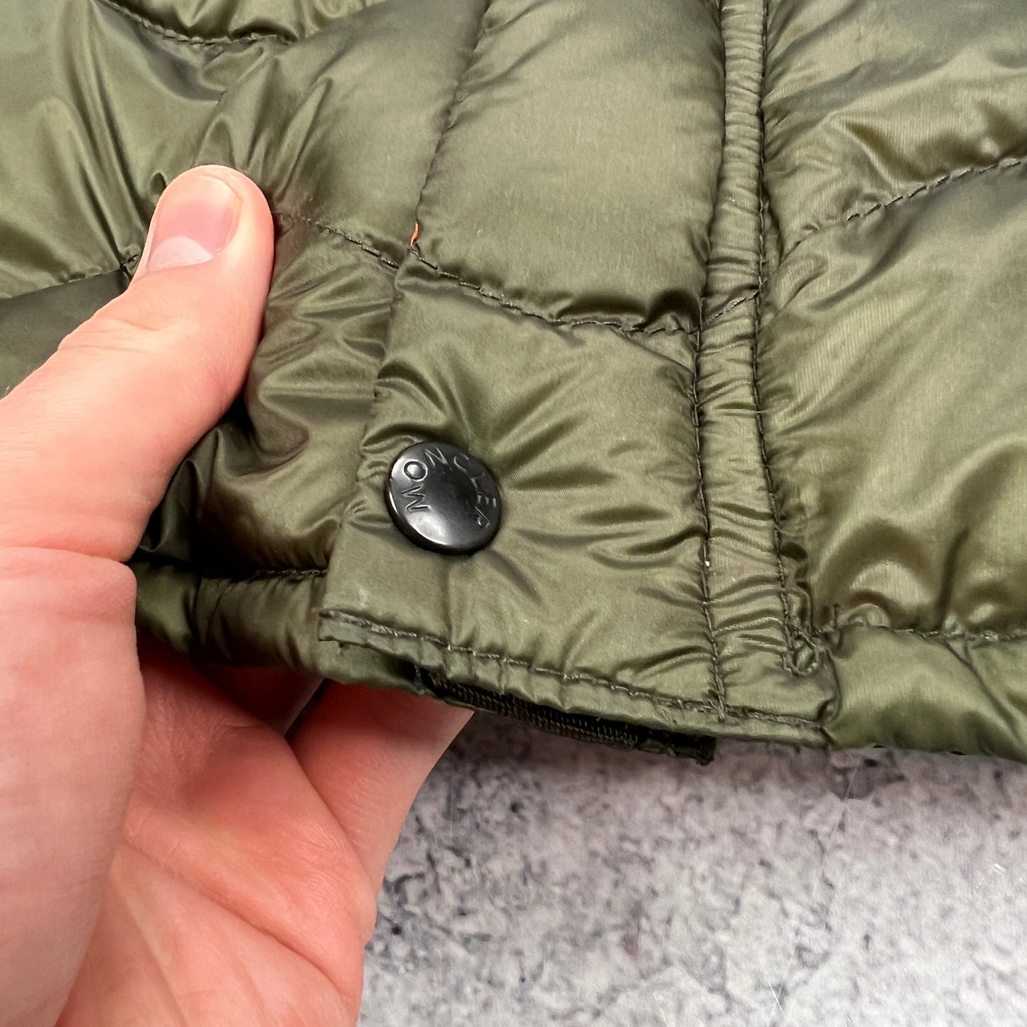 Moncler Franck Khaki Down Bomber Jacket Size 6 XL 25”