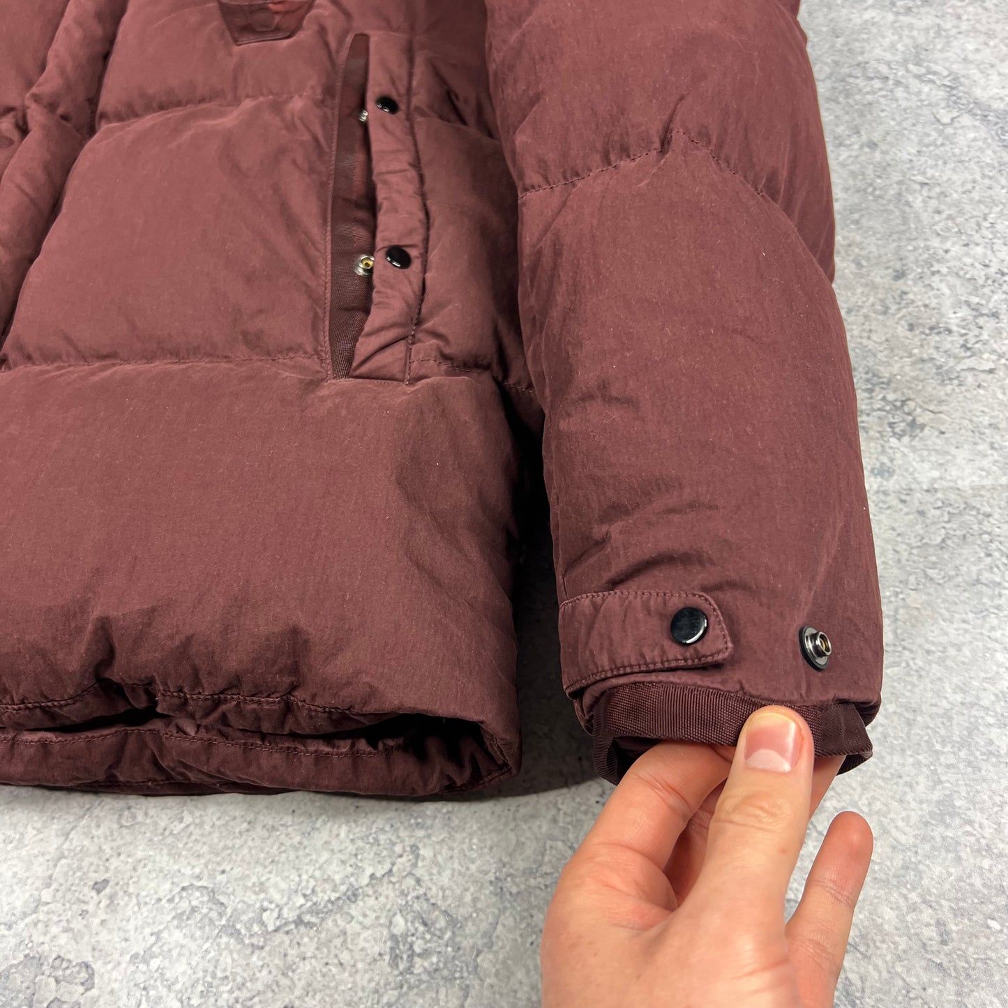 CP Company Burgundy 50 Fili Down Lens Parka Size 50- Large 22.5”