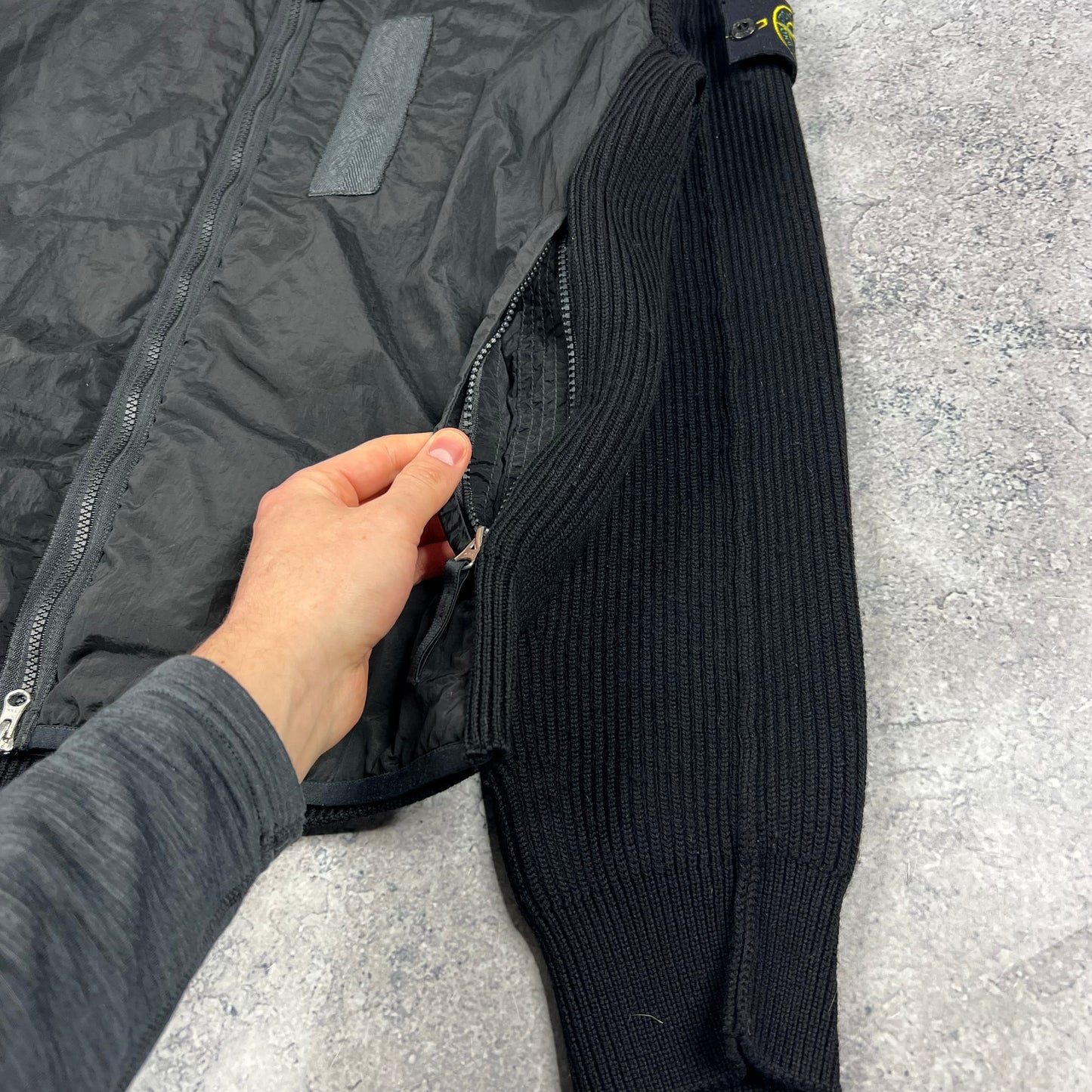 Stone Island Black Nylon Metal Primaloft Hooded Knit Jacket Large 23”