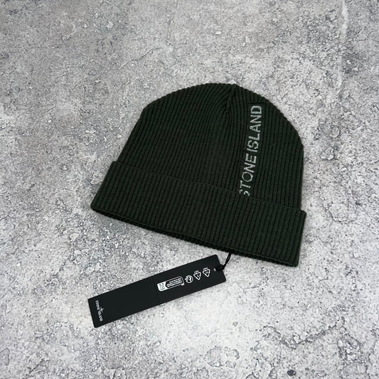 Stone Island Khaki Reflective Logo Beanie BNWT