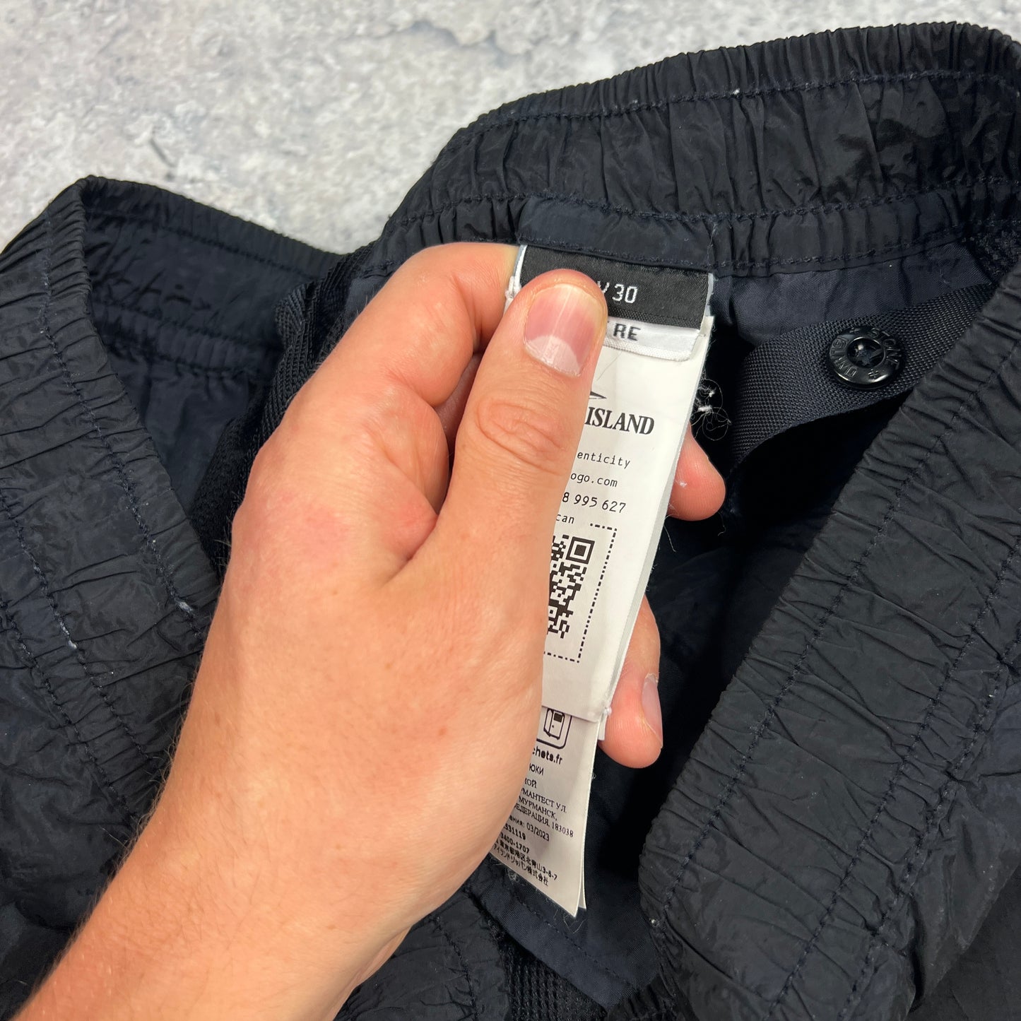 Stone Island Navy Nylon Metal Cargo Trousers W30”