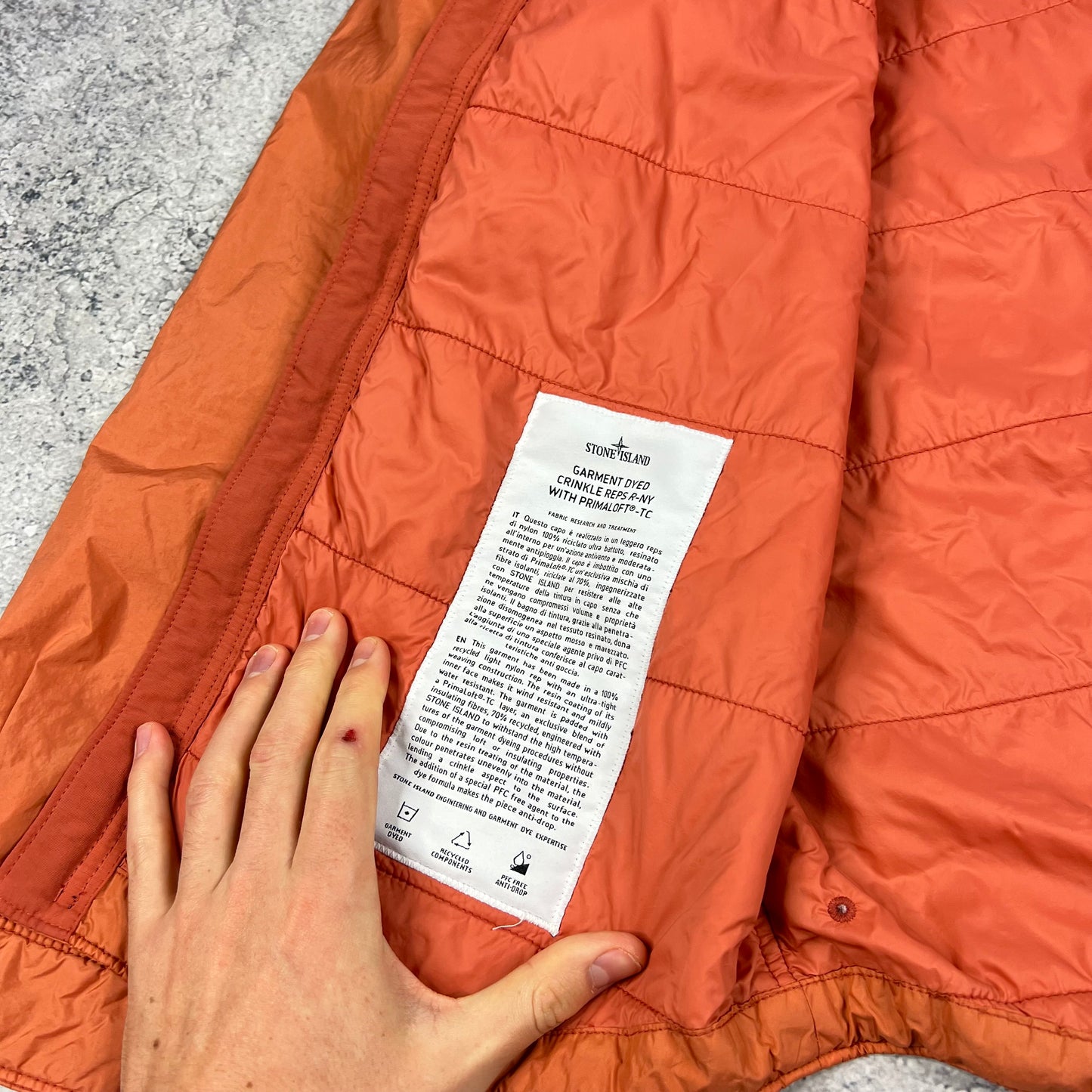 Stone Island Orange Crinkle Reps Primaloft Jacket Large 23.25”