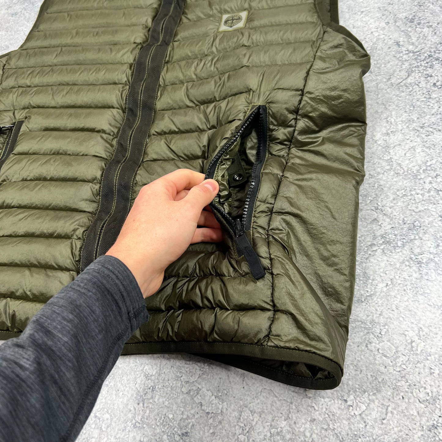 Stone Island Khaki Loom Woven Down Gilet Large 22.75”