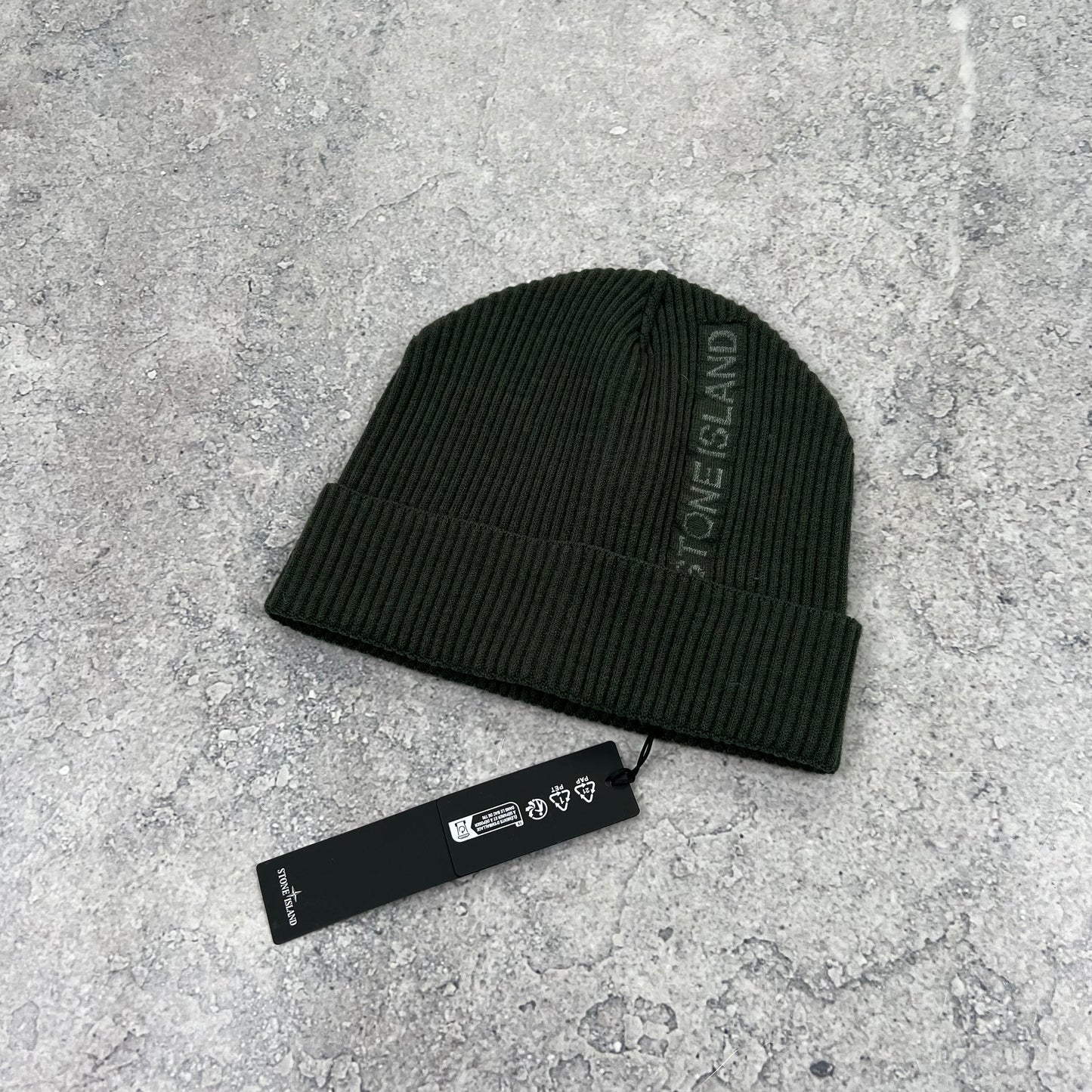 Stone Island Khaki Reflective Logo Beanie BNWT