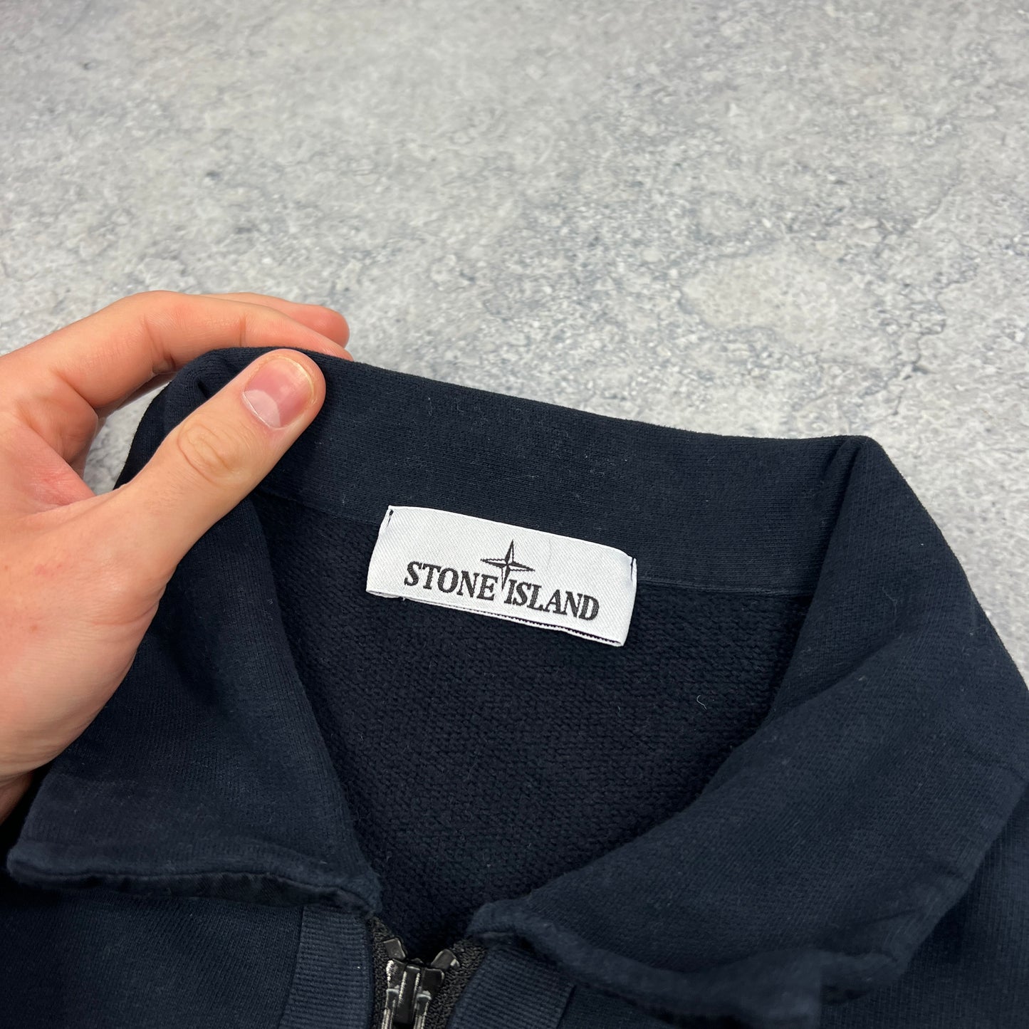 Stone Island Navy Logo Quarter Zip Sweatshirt Large 25.25”