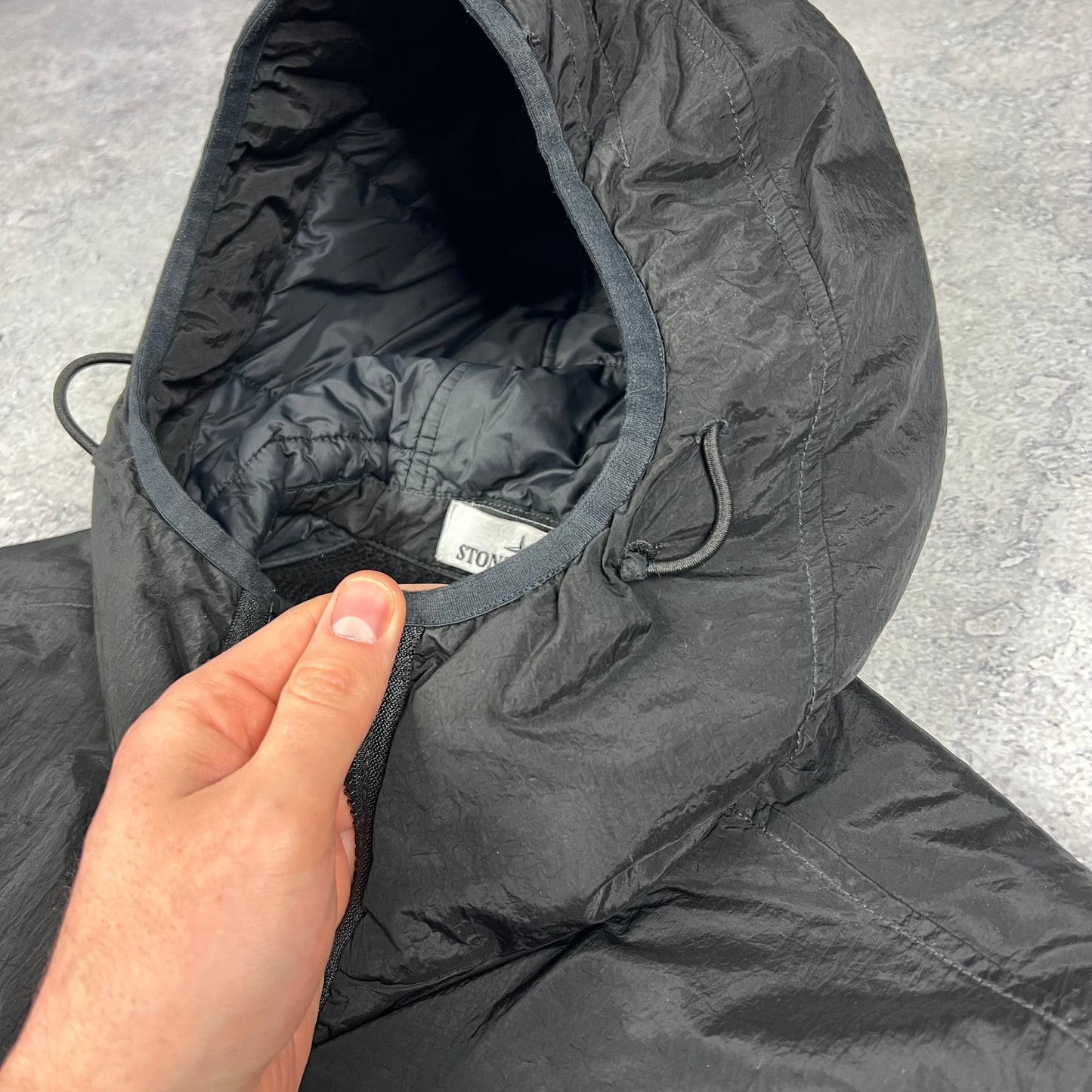 Stone Island Black Nylon Metal Primaloft Hooded Knit Jacket Large 23”