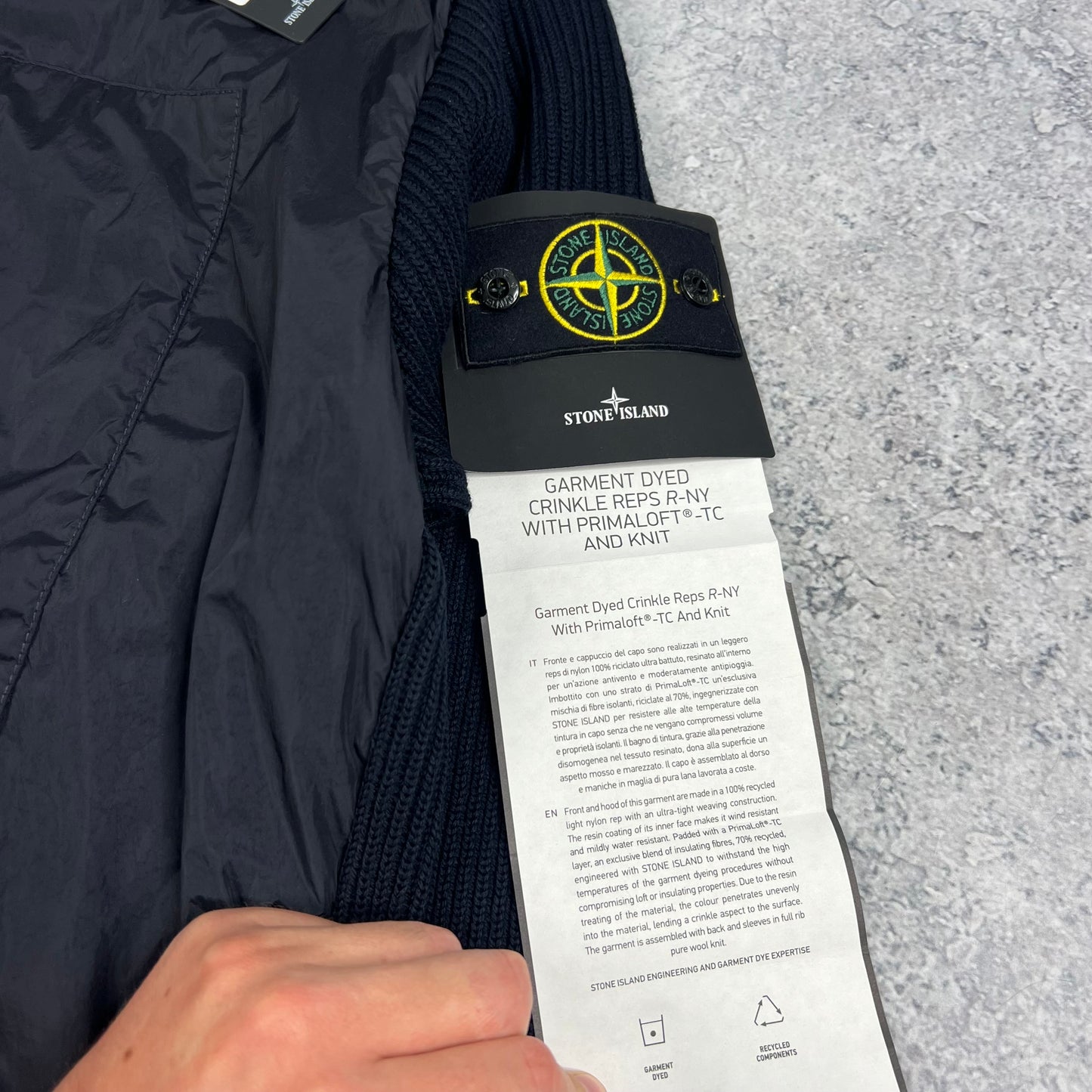Stone Island Navy Crinkle Reps Knit Primaloft Jacket XL 24” BNWT