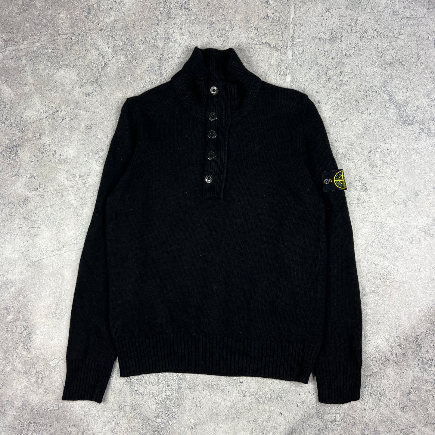 Stone Island Black Wool Quarter Zip Pullover Medium 20.5”