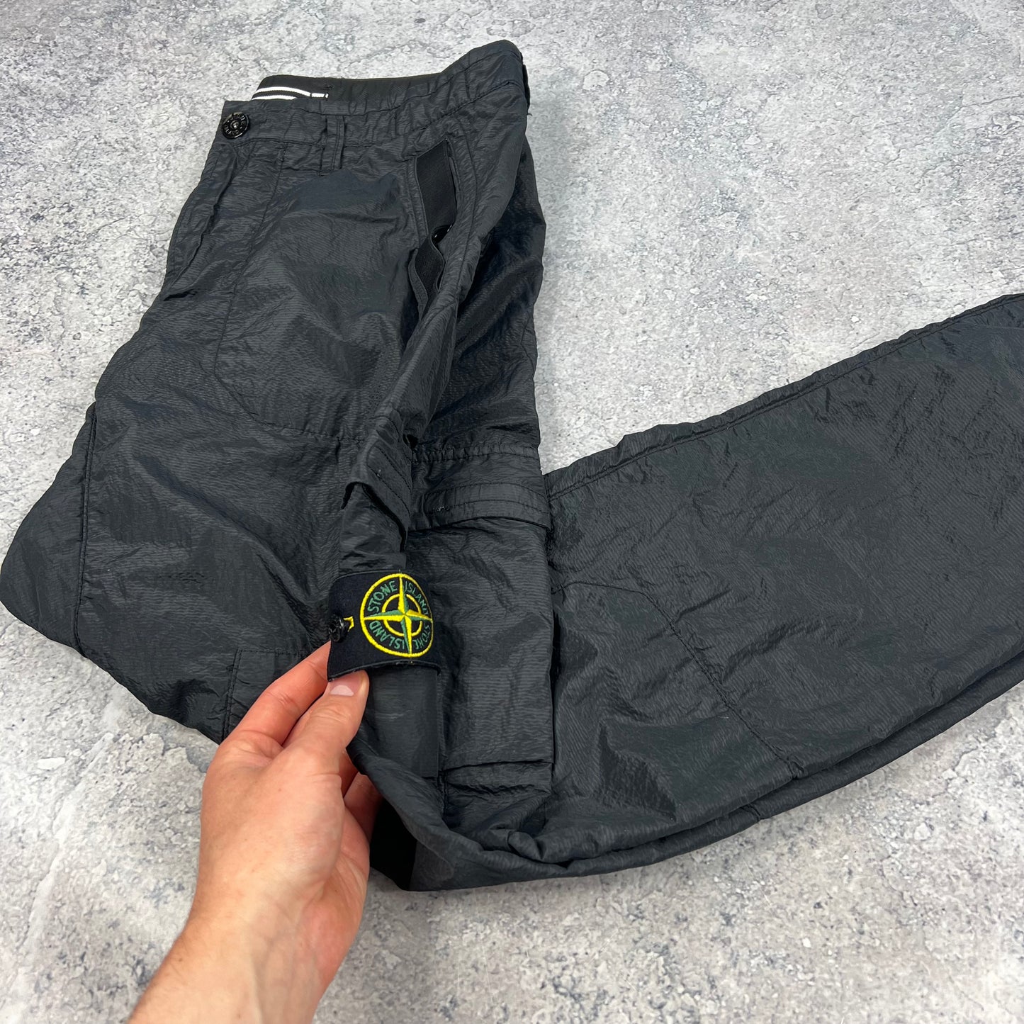 Stone Island Black Seersucker Nylon Metal Cargo Trousers W31”