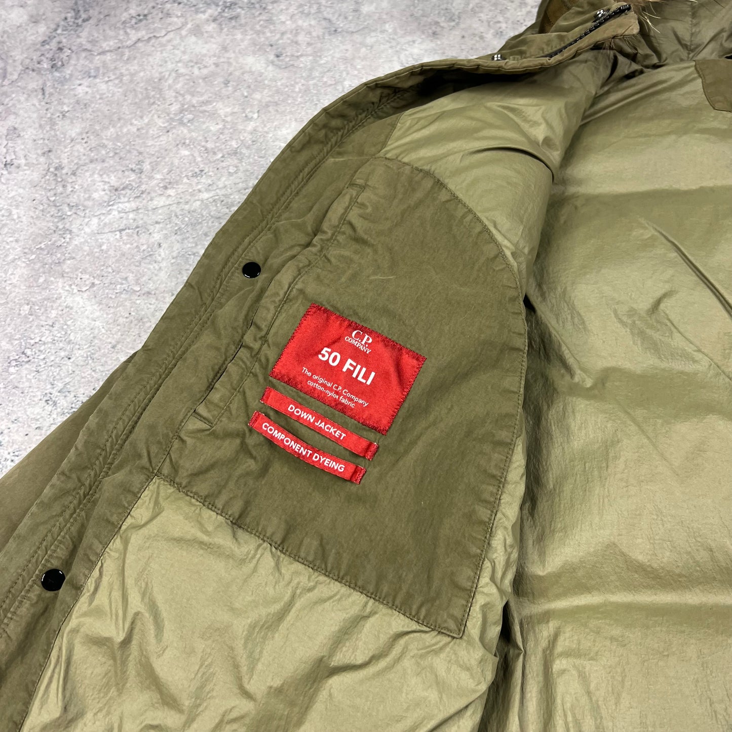 CP Company Khaki 50 Fili Down Parka Size 48- Medium 21.75”
