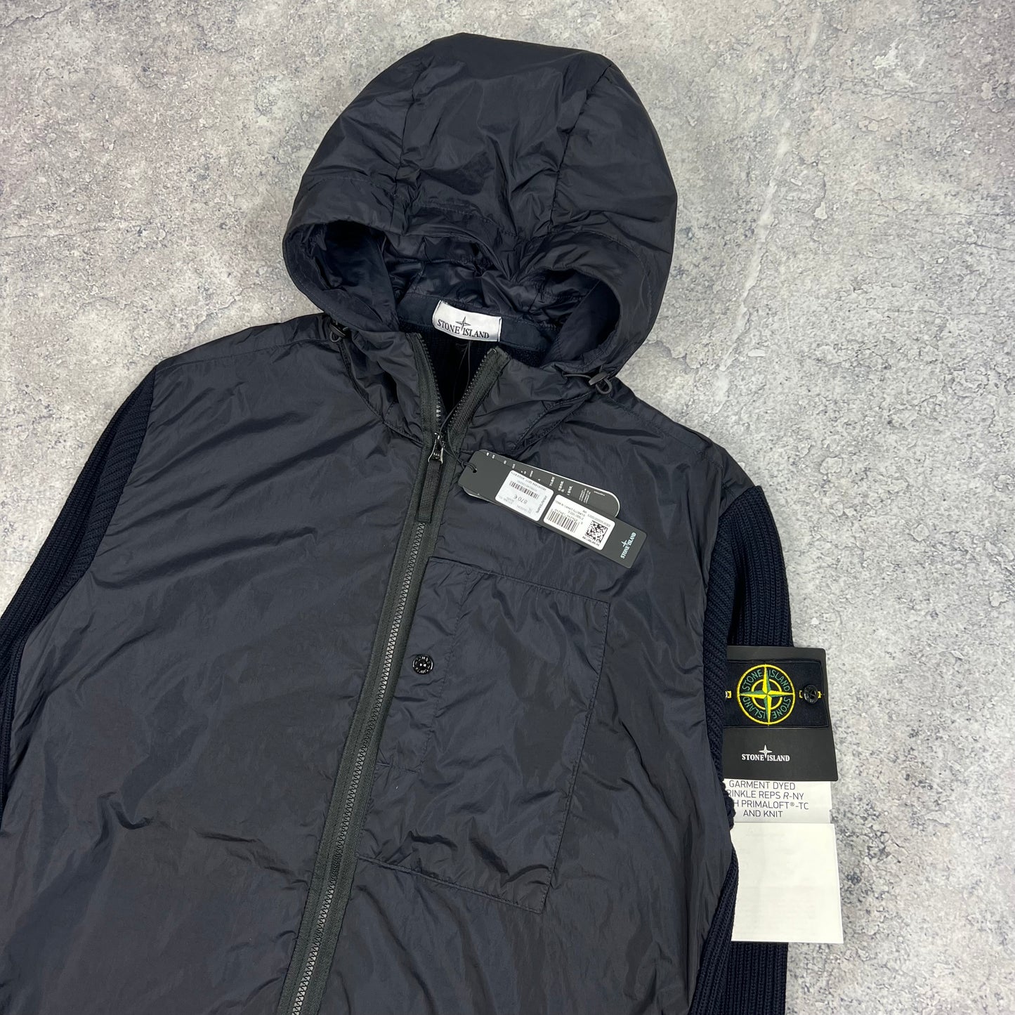 Stone Island Navy Crinkle Reps Knit Primaloft Jacket XL 24” BNWT
