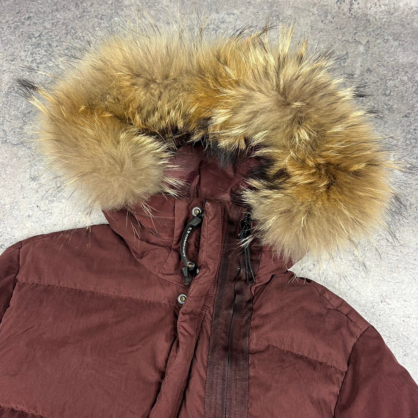 CP Company Burgundy 50 Fili Down Lens Parka Size 50- Large 22.5”