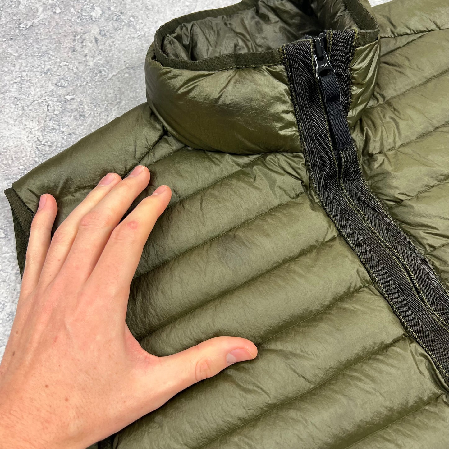 Stone Island Khaki Loom Woven Down Gilet Large 22.75”