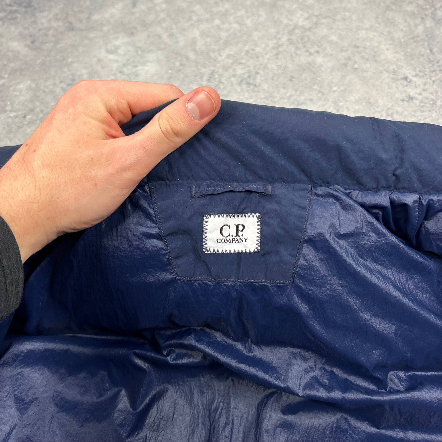 CP Company Navy Flatt Nylon Down Jacket Size 52- XL 25”