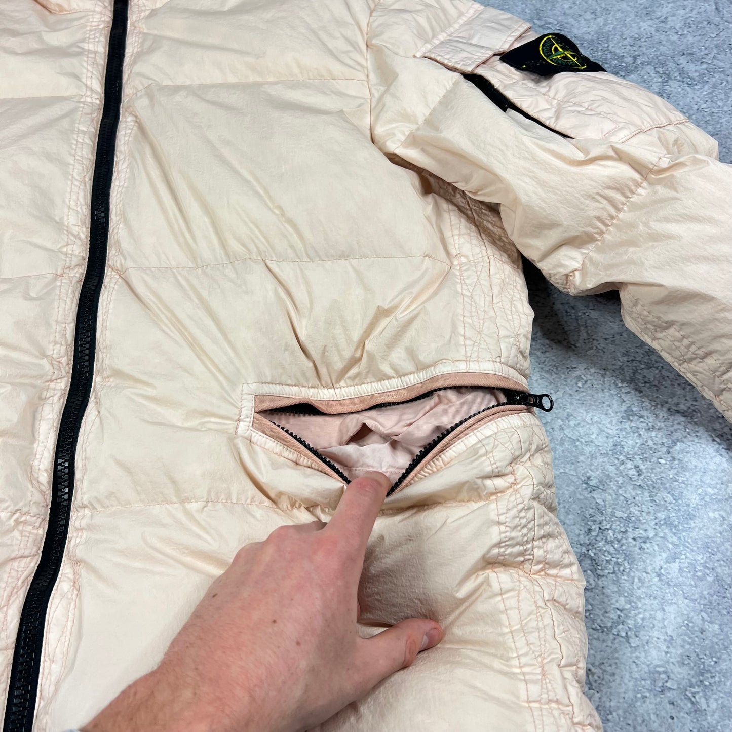 Stone Island Peach Crinkle Reps Down Jacket Large 25.25”