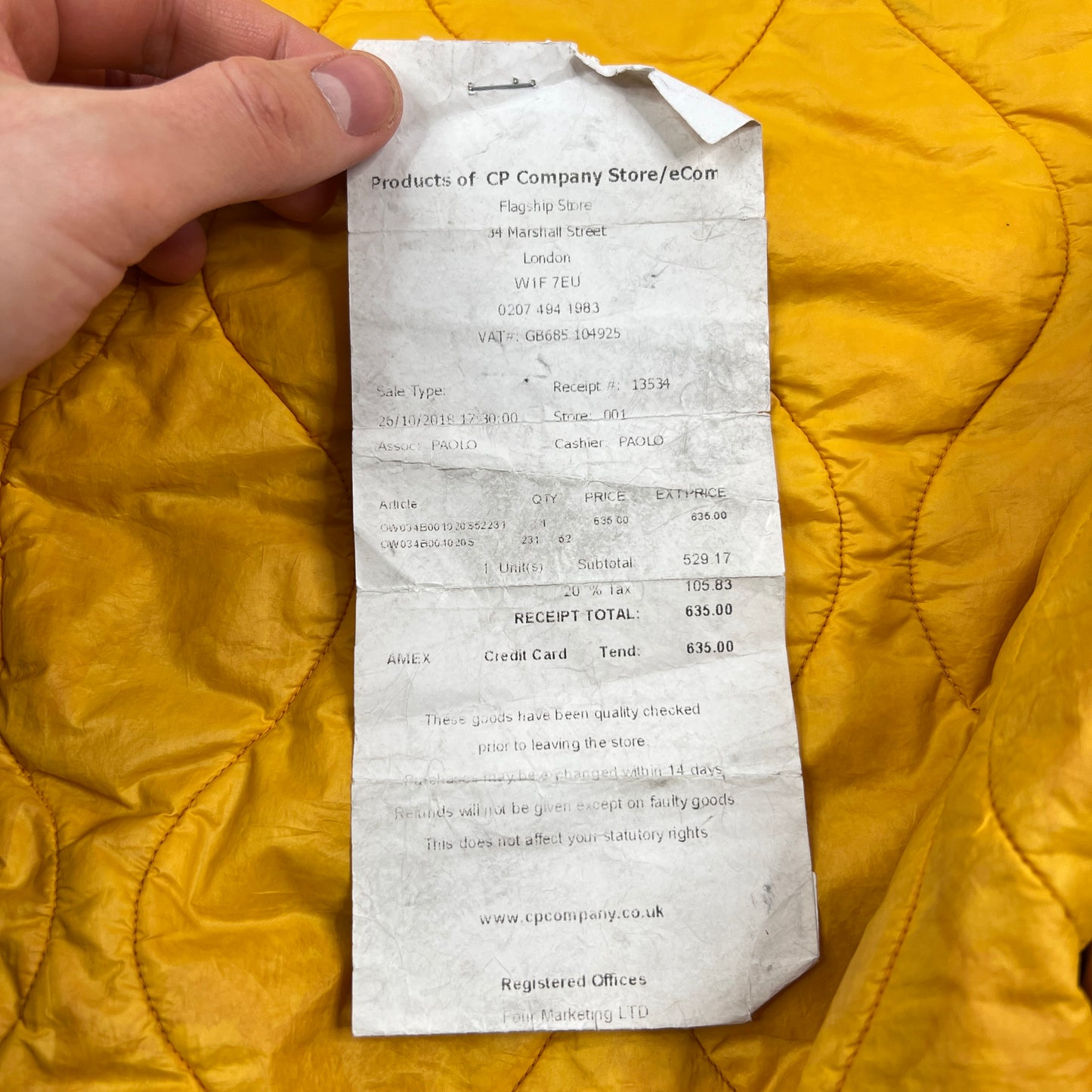 CP Company Yellow Re-Colour Nycra Jacket Size 52- XL 24”