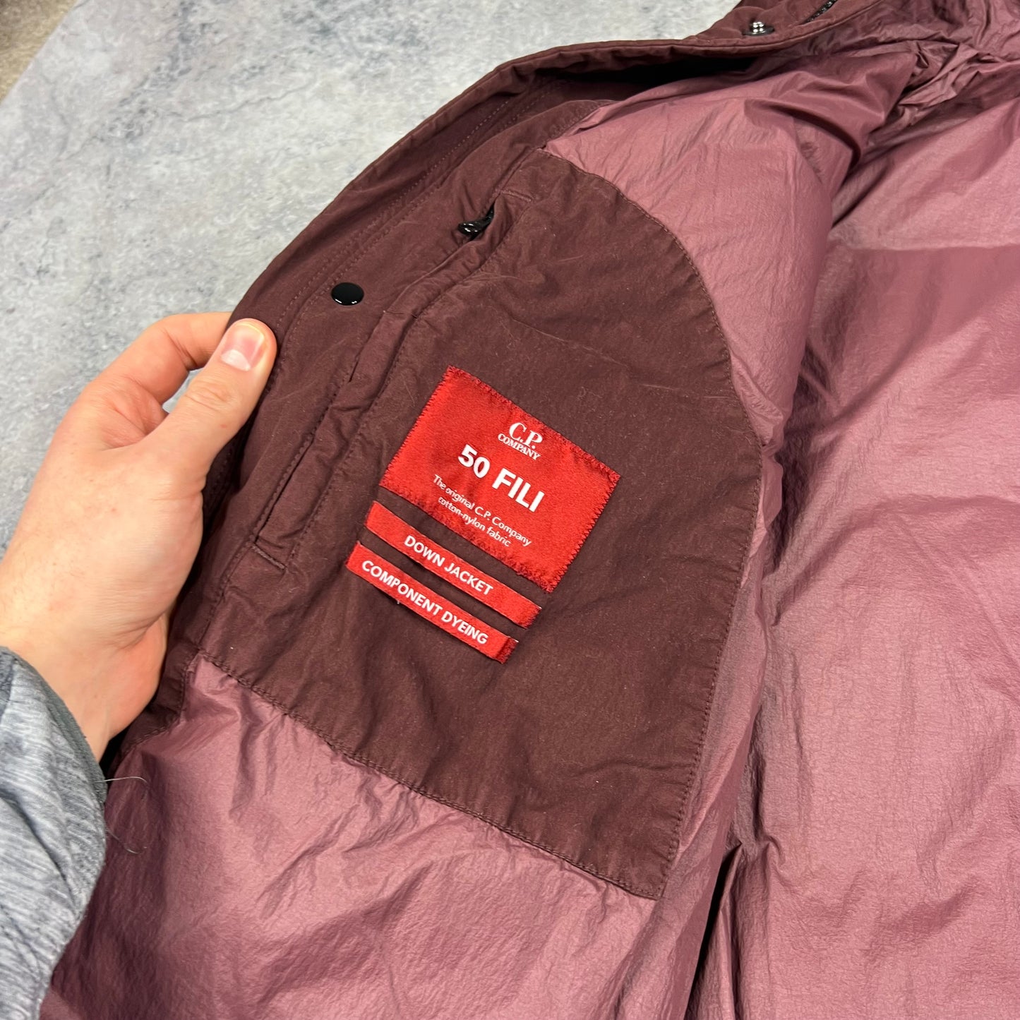 CP Company Burgundy 50 Fili Down Lens Parka Size 50- Large 22.5”