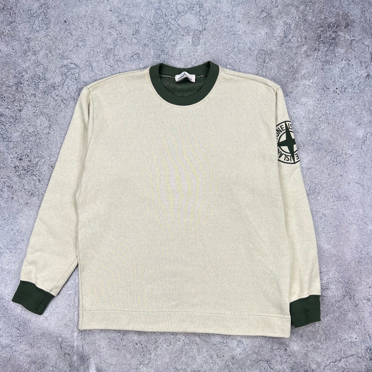 Stone Island Cream/Green Embroidered Logo Sweatshirt Large 23.5”