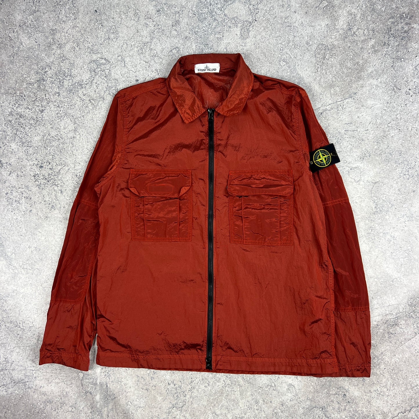 Stone Island Red Nylon Metal Ripstop Overshirt Large 22.5”