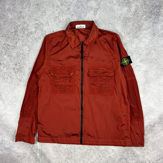 Stone Island Red Nylon Metal Ripstop Overshirt Large 22.5”
