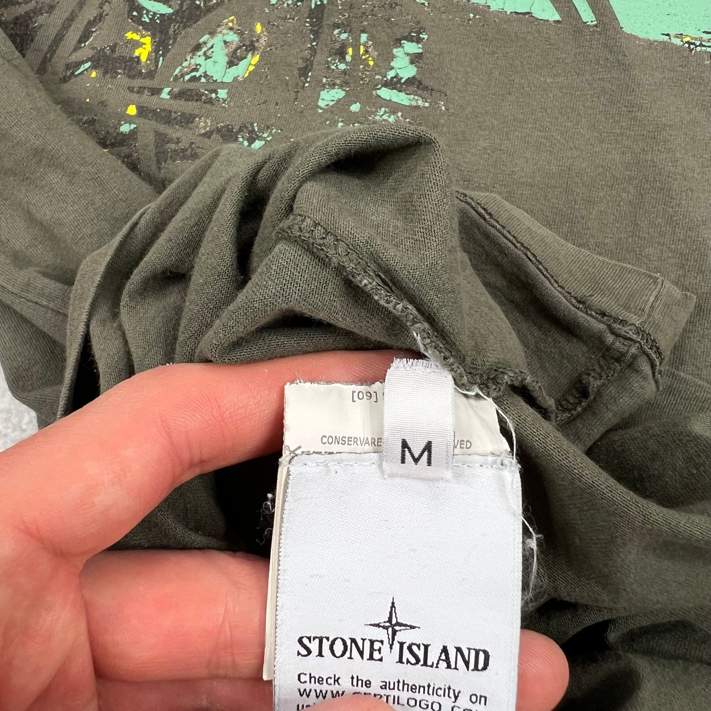 Stone Island Khaki Paint T-Shirt Medium 19.75”