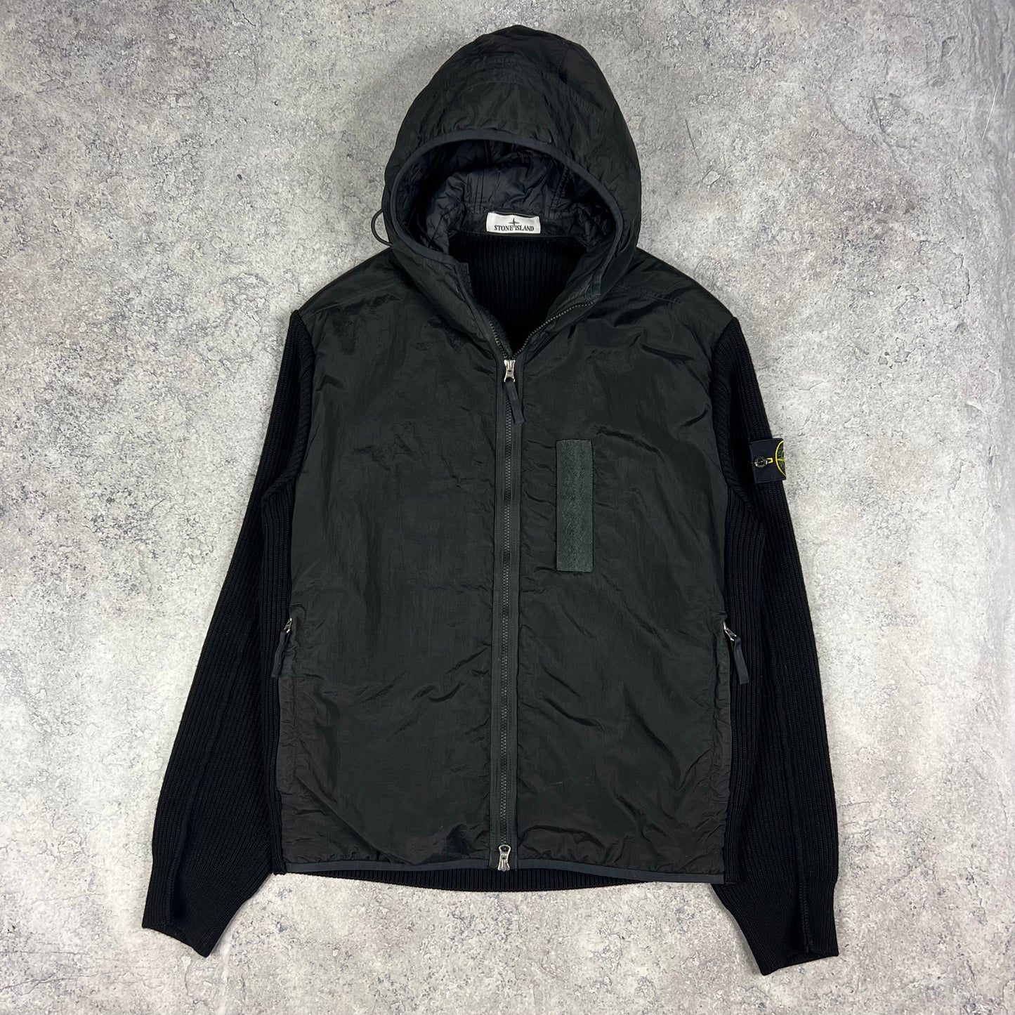 Stone Island Black Nylon Metal Primaloft Hooded Knit Jacket Large 23”