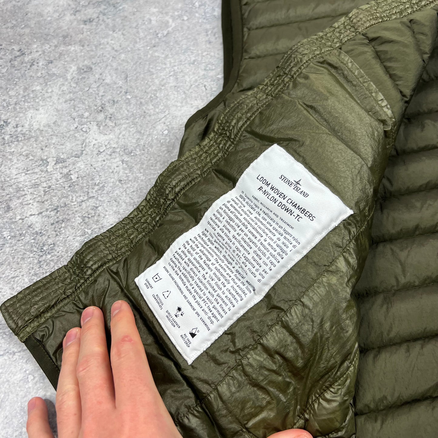 Stone Island Khaki Loom Woven Down Gilet Large 22.75”