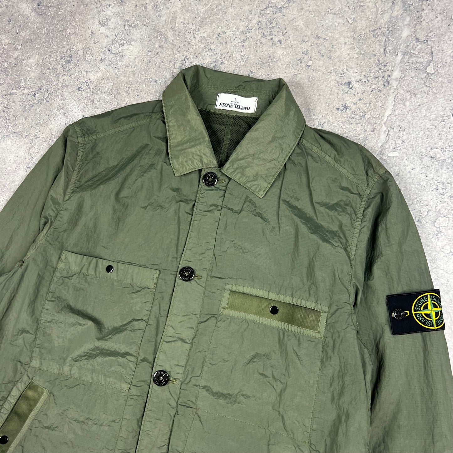 Stone Island Khaki Nylon Seersucker Overshirt Medium 21.5”