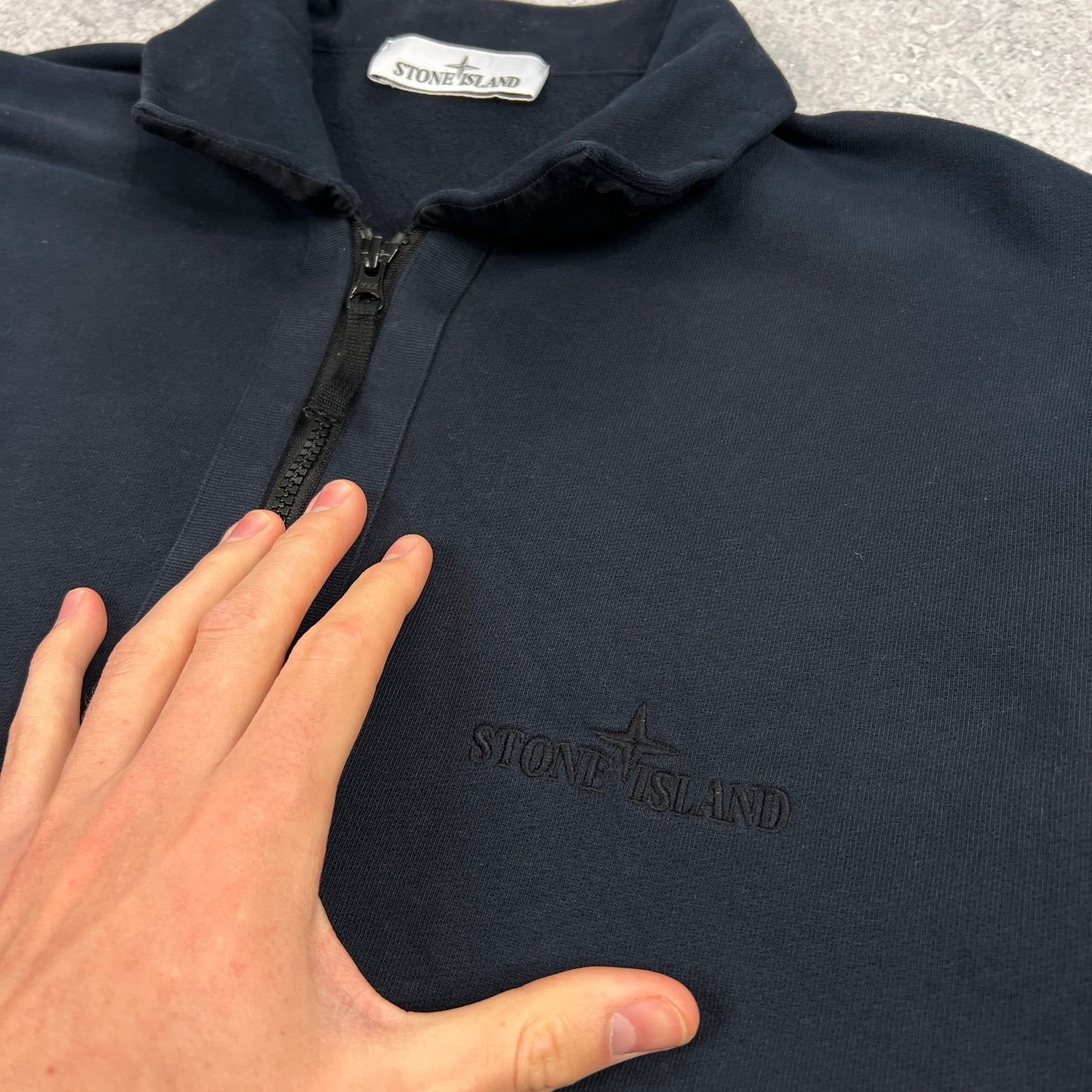 Stone Island Navy Logo Quarter Zip Sweatshirt Large 25.25”