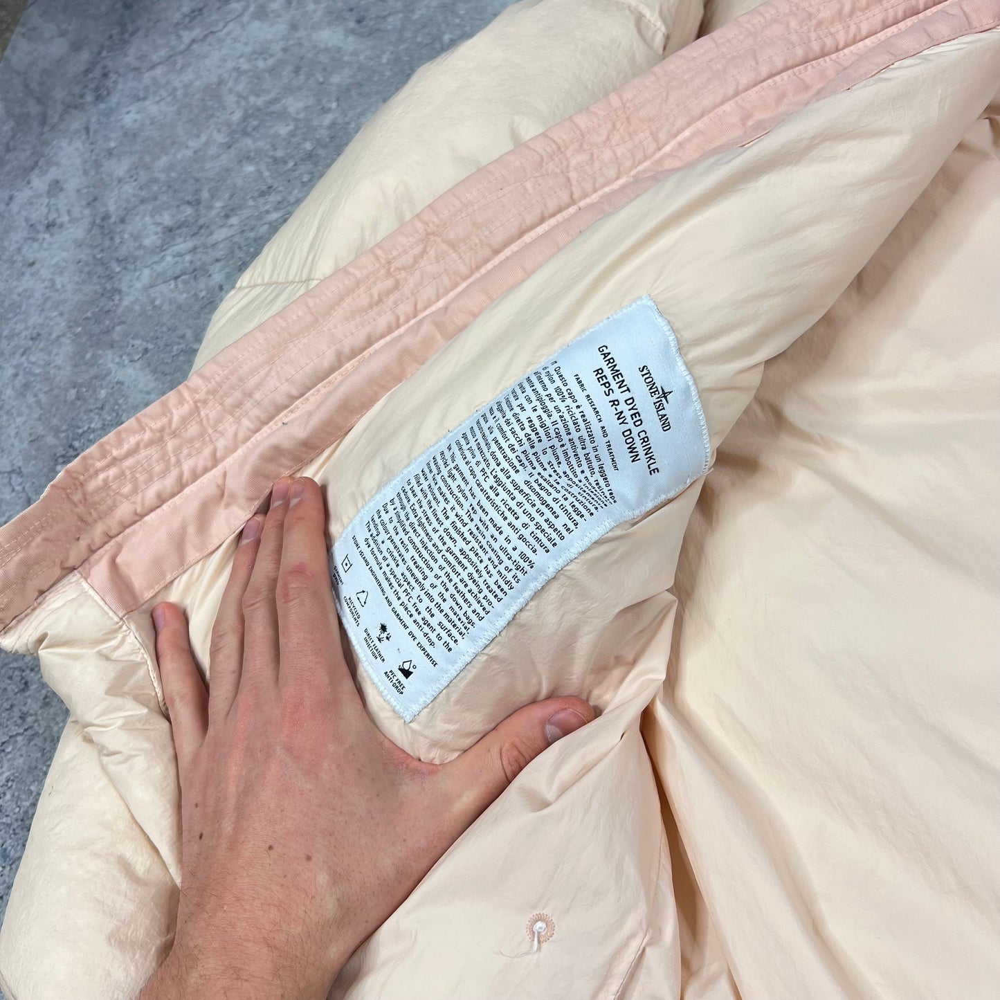 Stone Island Peach Crinkle Reps Down Jacket Large 25.25”