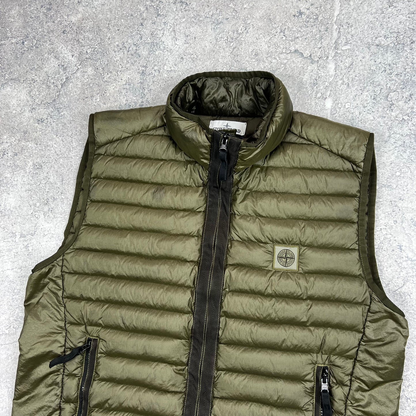 Stone Island Khaki Loom Woven Down Gilet Large 22.75”