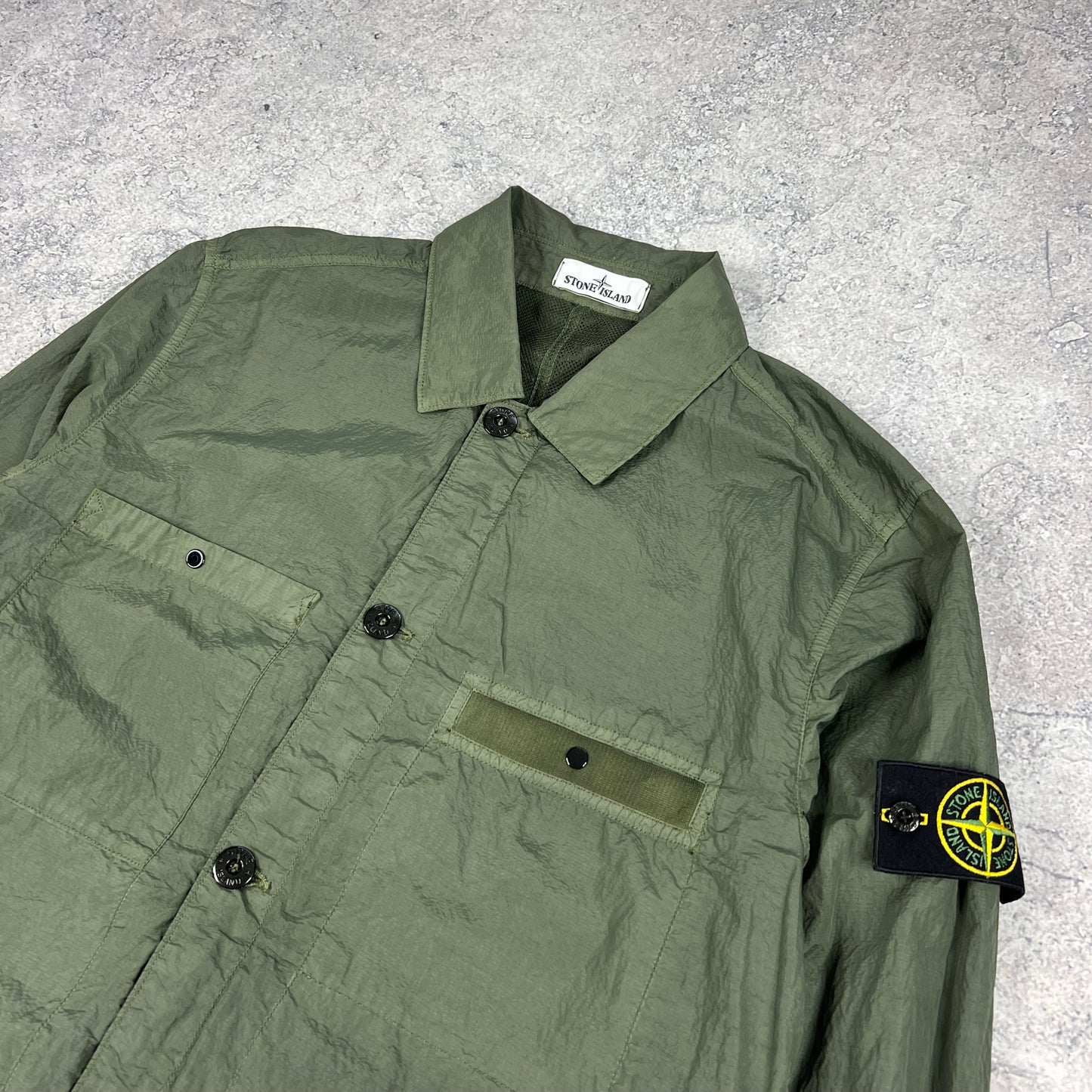 Stone Island Khaki Seersucker Nylon Overshirt  Large 22.5”