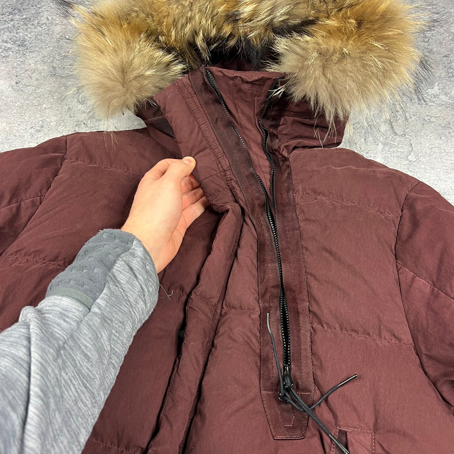 CP Company Burgundy 50 Fili Down Lens Parka Size 50- Large 22.5”