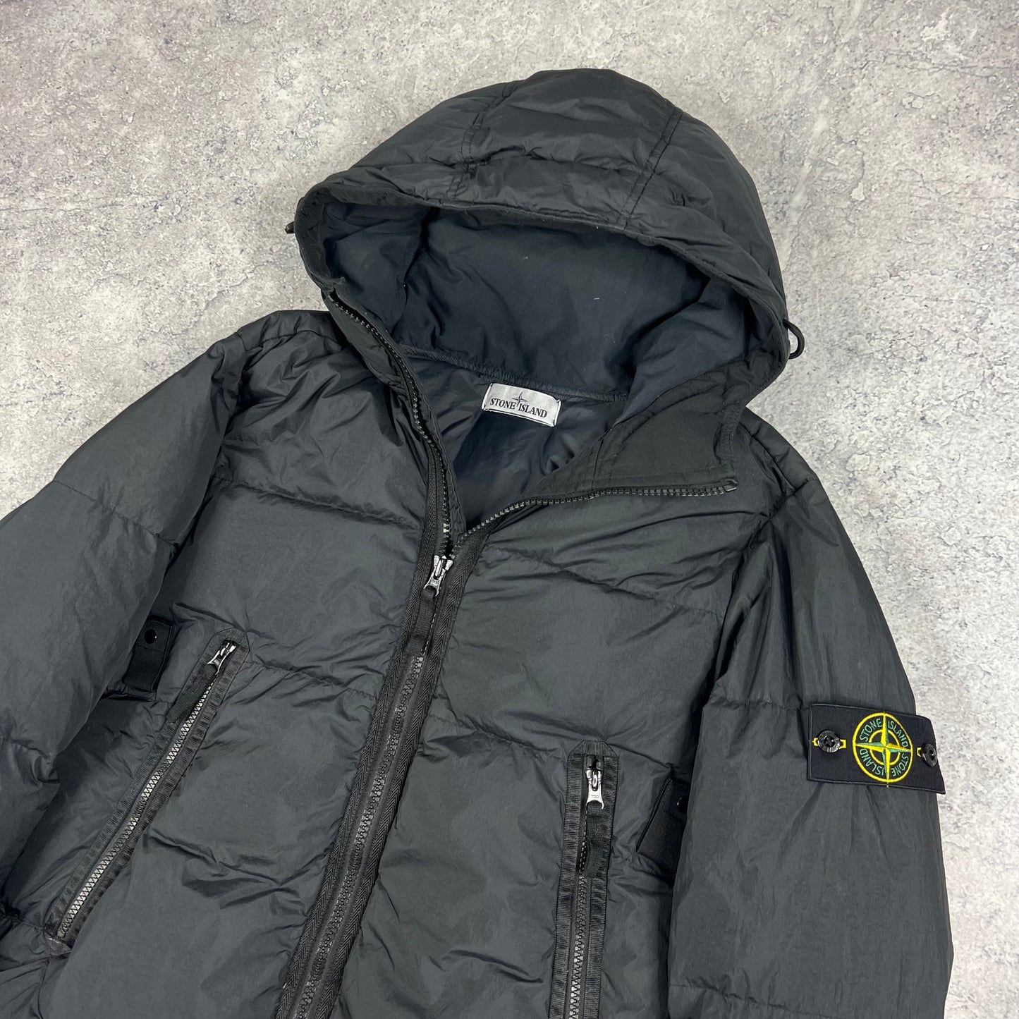 Stone Island Black Crinkle Reps Down Jacket Medium 22.5”