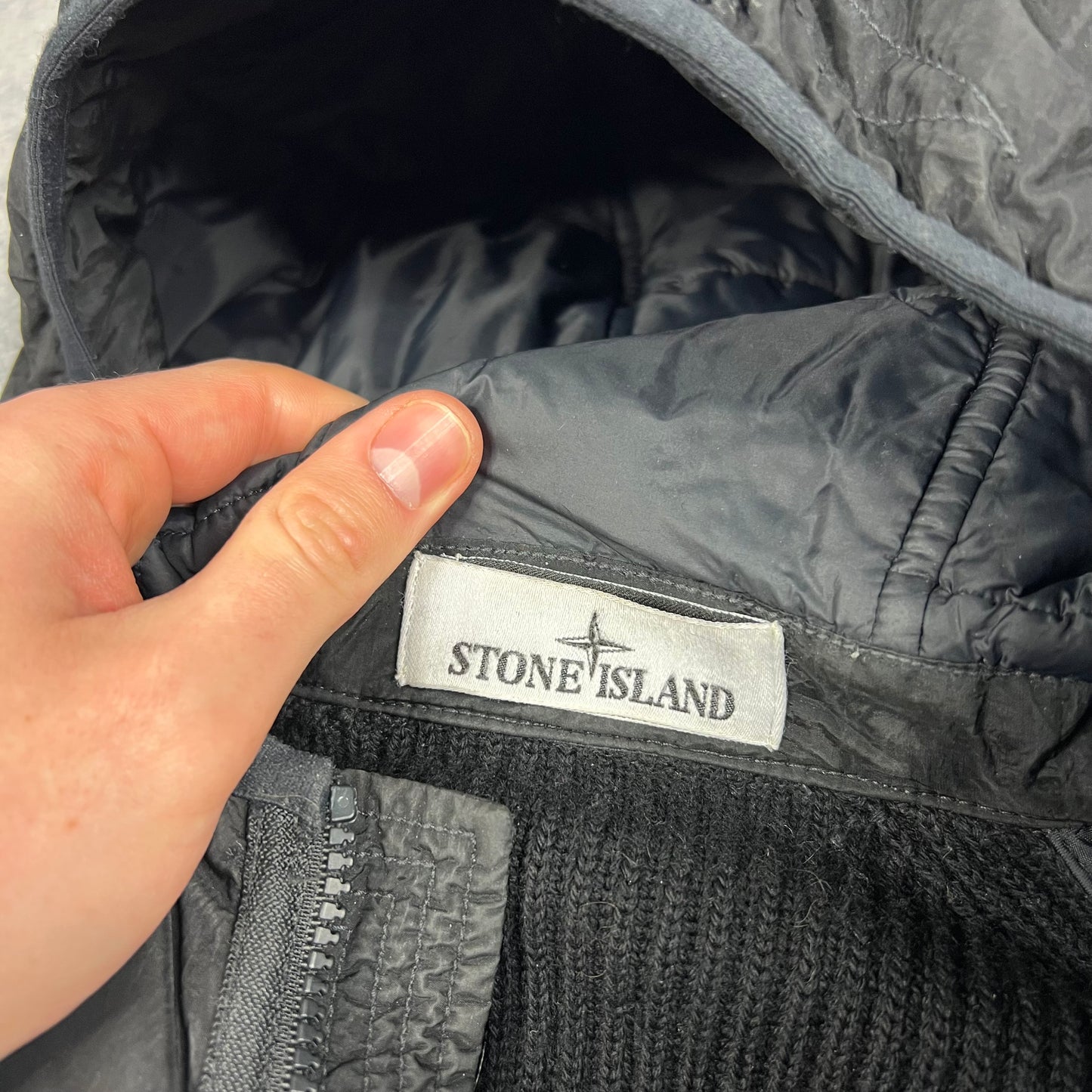 Stone Island Black Nylon Metal Primaloft Hooded Knit Jacket Large 23”