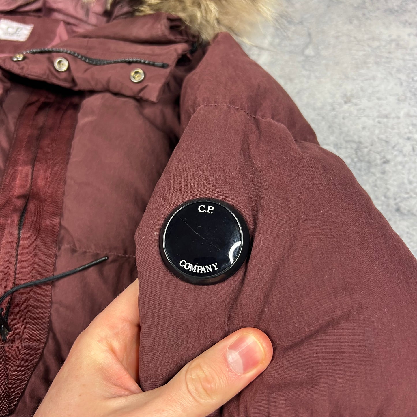 CP Company Burgundy 50 Fili Down Lens Parka Size 50- Large 22.5”
