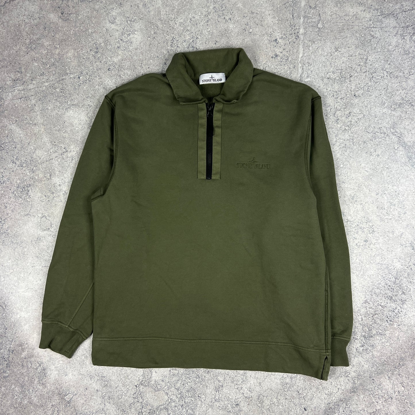 Stone Island Khaki Letter Logo Q Zip Sweatshirt Small (Fits M/L) 23.25”